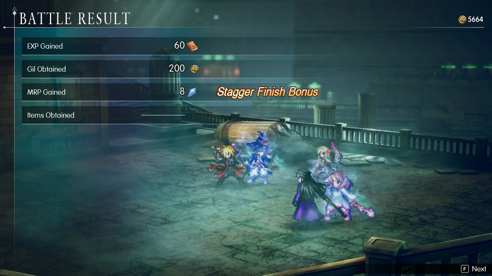 Battle Result 60 EXP 200 Gil 8 MRP after the walkway fight
