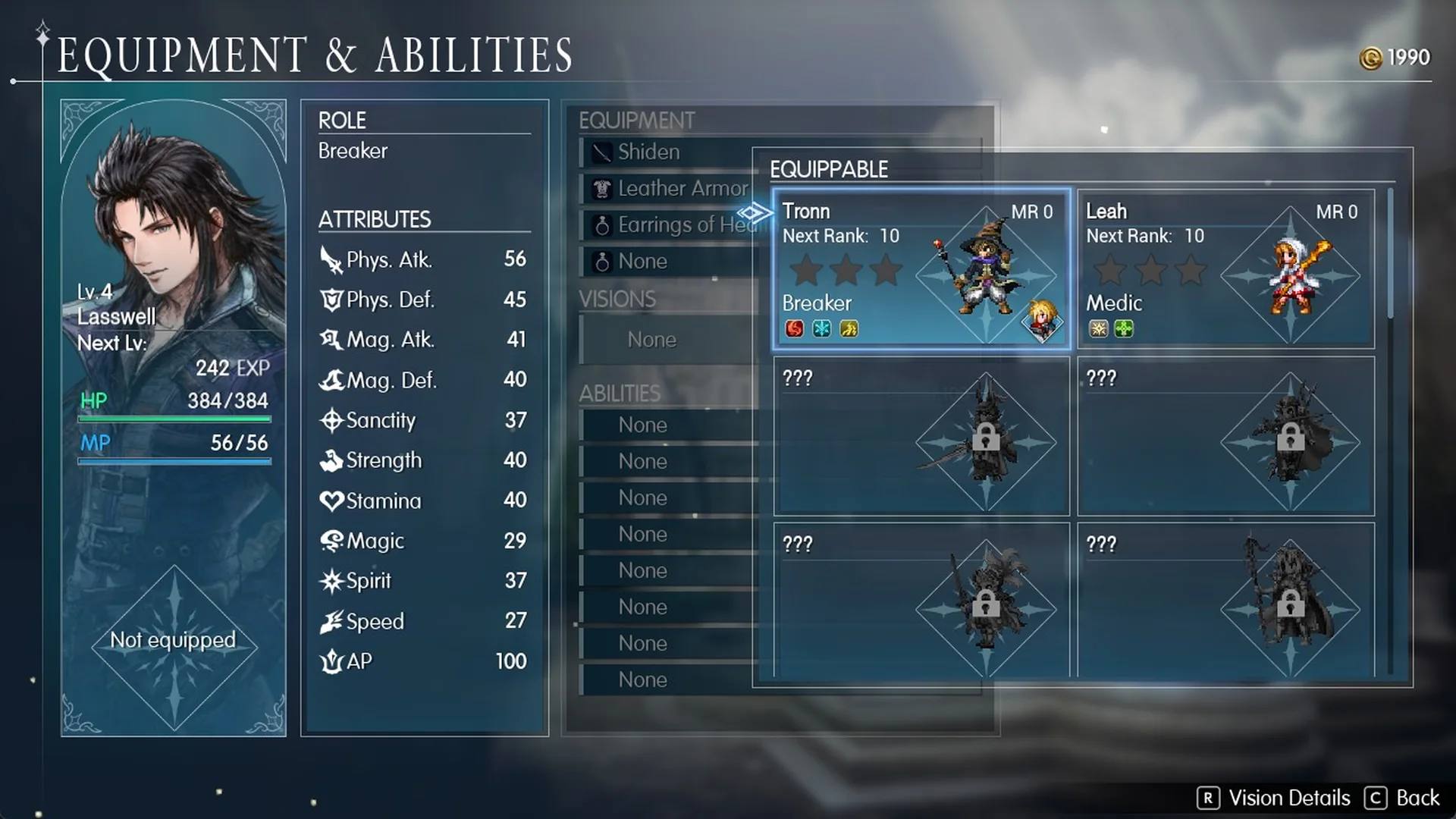 Lasswell's Equippable list with Tronn marked by a small Rain portrait badge and Leah next to it