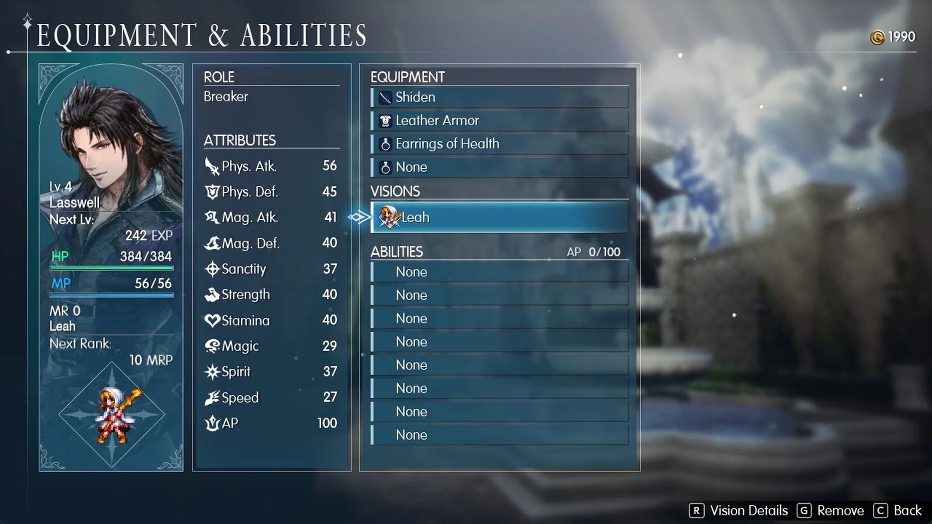 Lasswell's Equipment and Abilities screen with Leah in the Visions slot, MR 0 and Next Rank 10 MRP