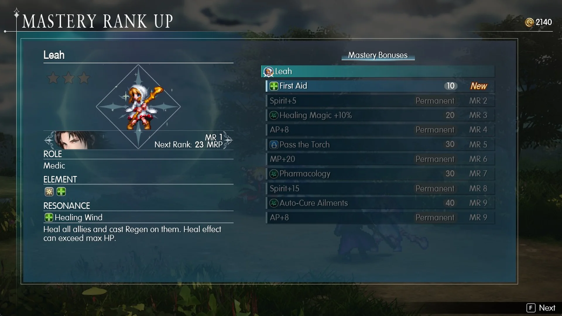 Leah's Mastery Rank Up page at MR 1 with First Aid at cost 10 tagged New