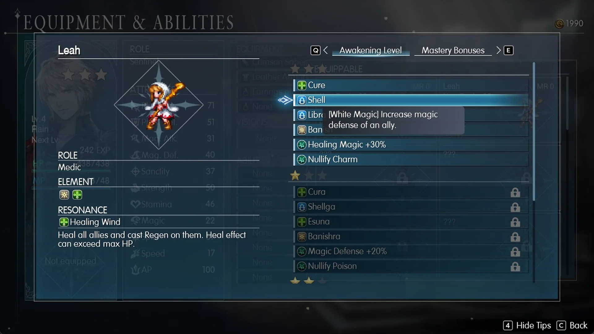 Leah's Awakening Level list with the Shell tooltip reading White Magic Increase magic defense of an ally