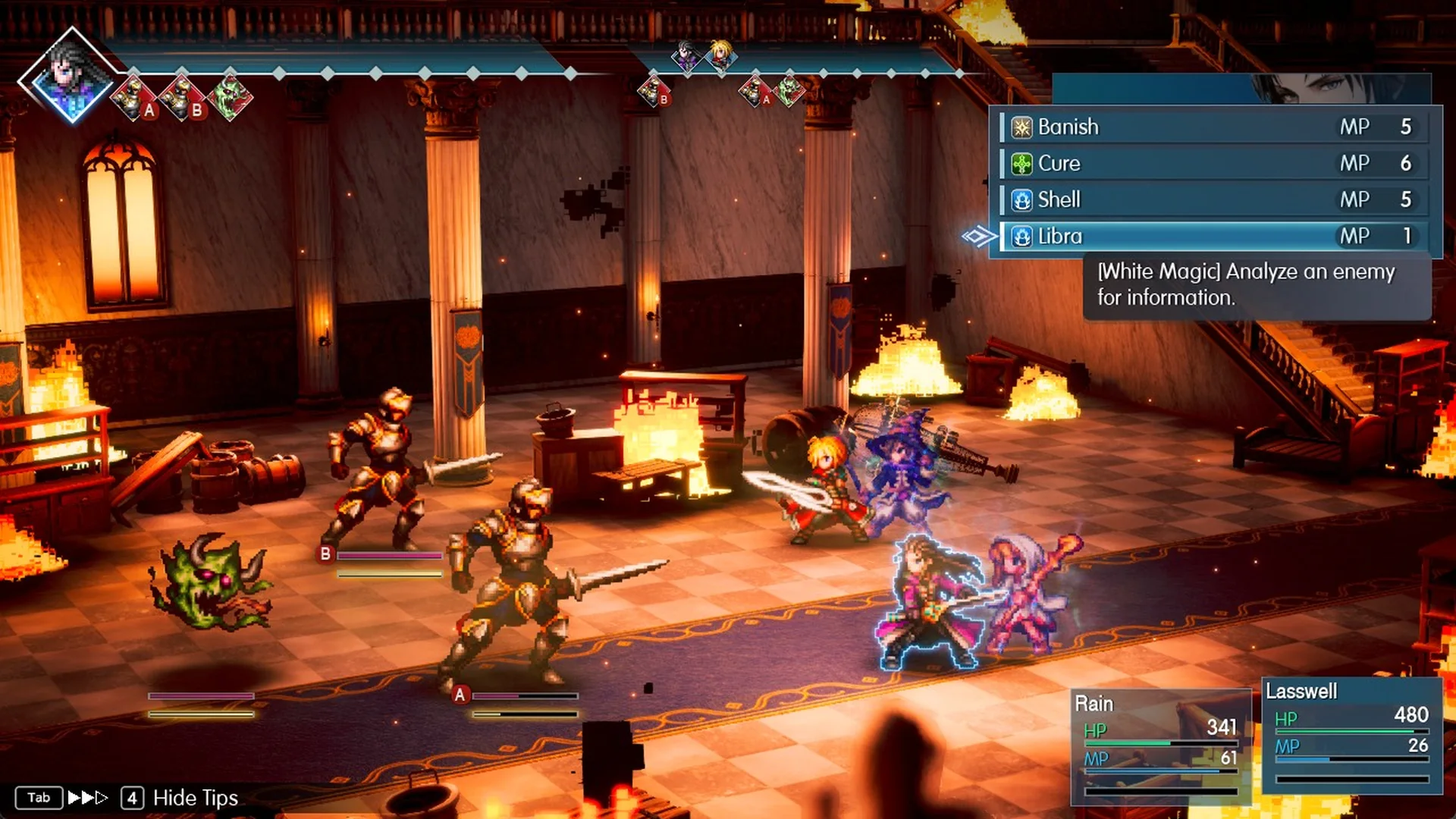 Battle skill menu with Leah's Banish, Cure, Shell and Libra and their MP costs