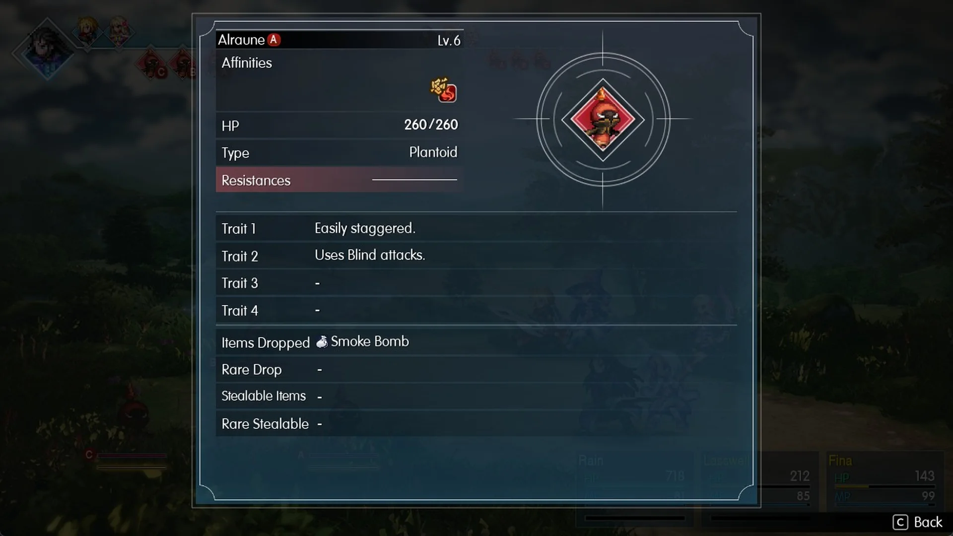 Libra on Alraune showing Lv.6, 260 HP, Plantoid and the traits Easily staggered and Uses Blind attacks