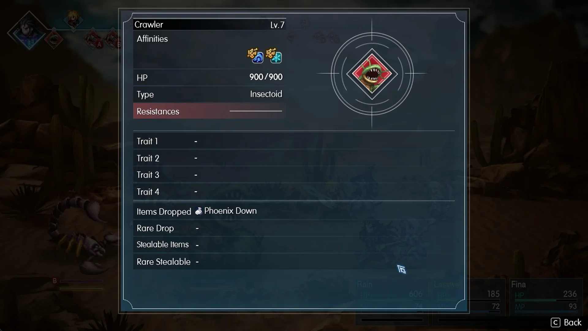Libra on Crawler showing Lv.7, 900 HP, Insectoid and a Phoenix Down drop