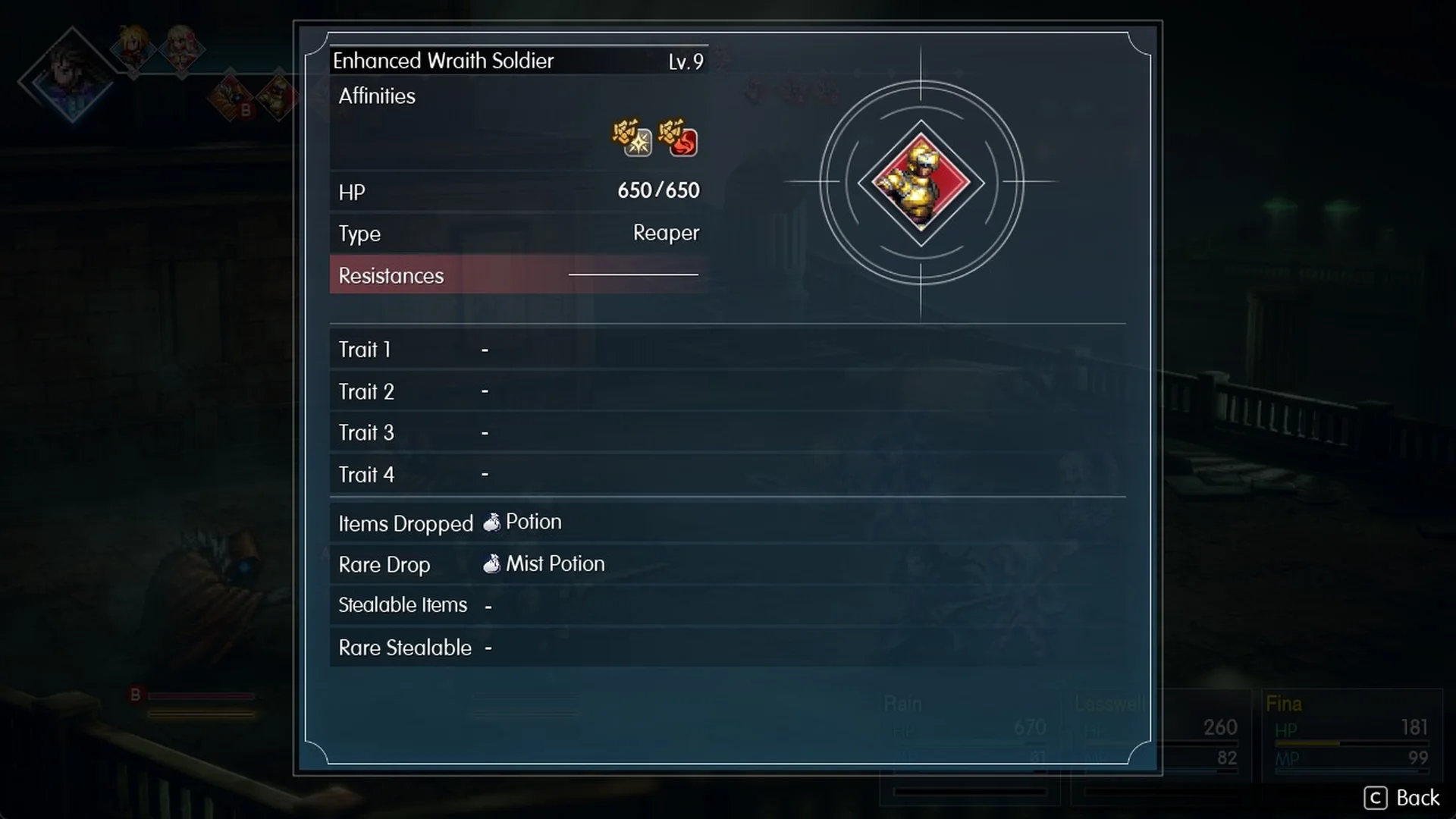 Libra on an Enhanced Wraith Soldier in the Kolobos Ruins showing Lv.9, 650 HP, Type Reaper, a Potion drop and a rare Mist Potion