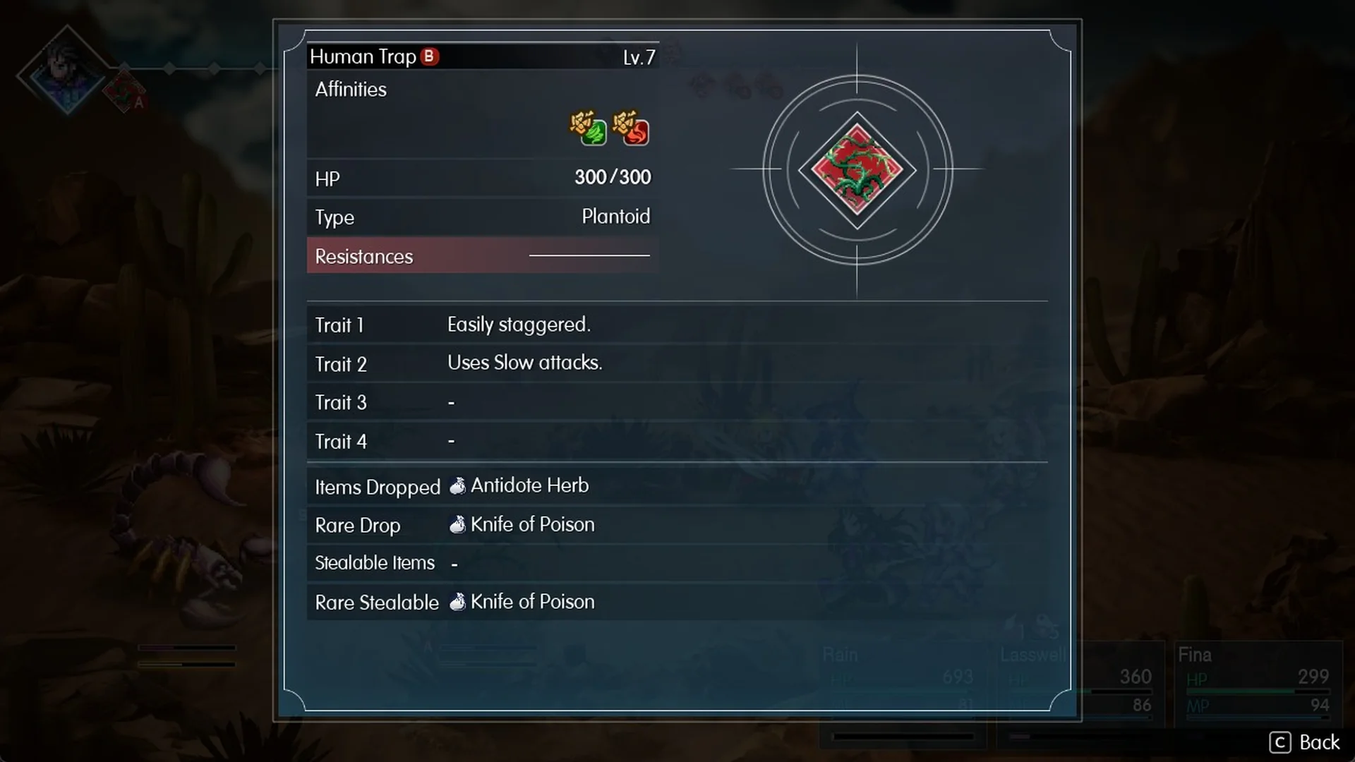 Libra on Human Trap showing Lv.7, 300 HP, Plantoid, Easily staggered and Uses Slow attacks