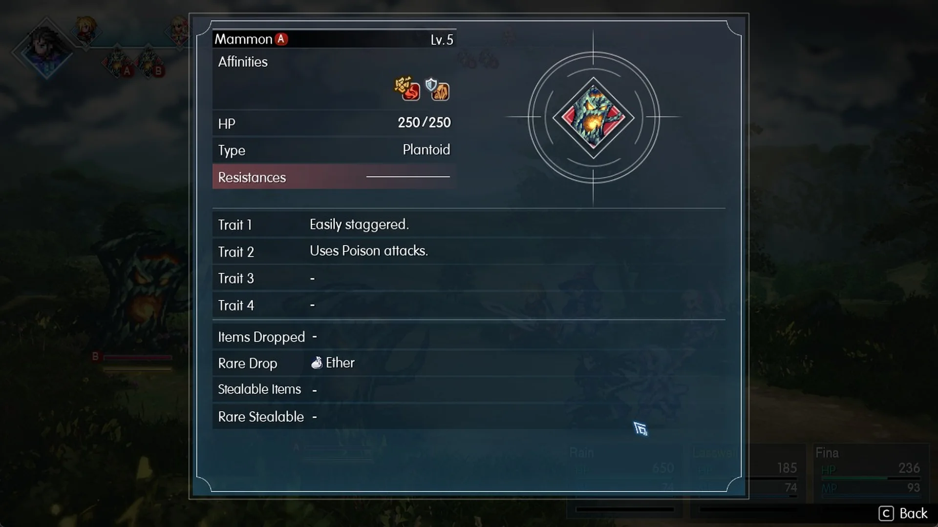 Libra on Mammon showing Lv.5, 250 HP, Plantoid and the traits Easily staggered and Uses Poison attacks