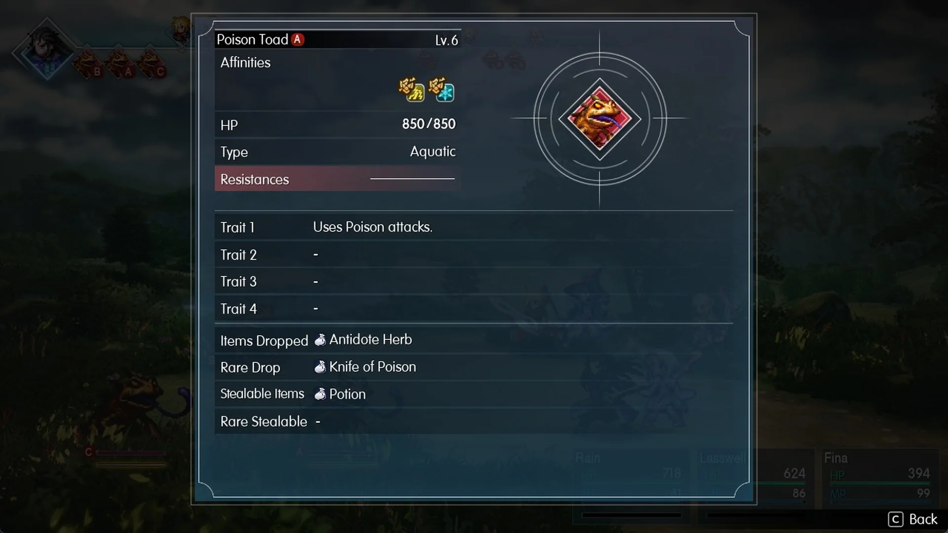 Libra on Poison Toad showing Lv.6, 850 HP, Aquatic and the trait Uses Poison attacks