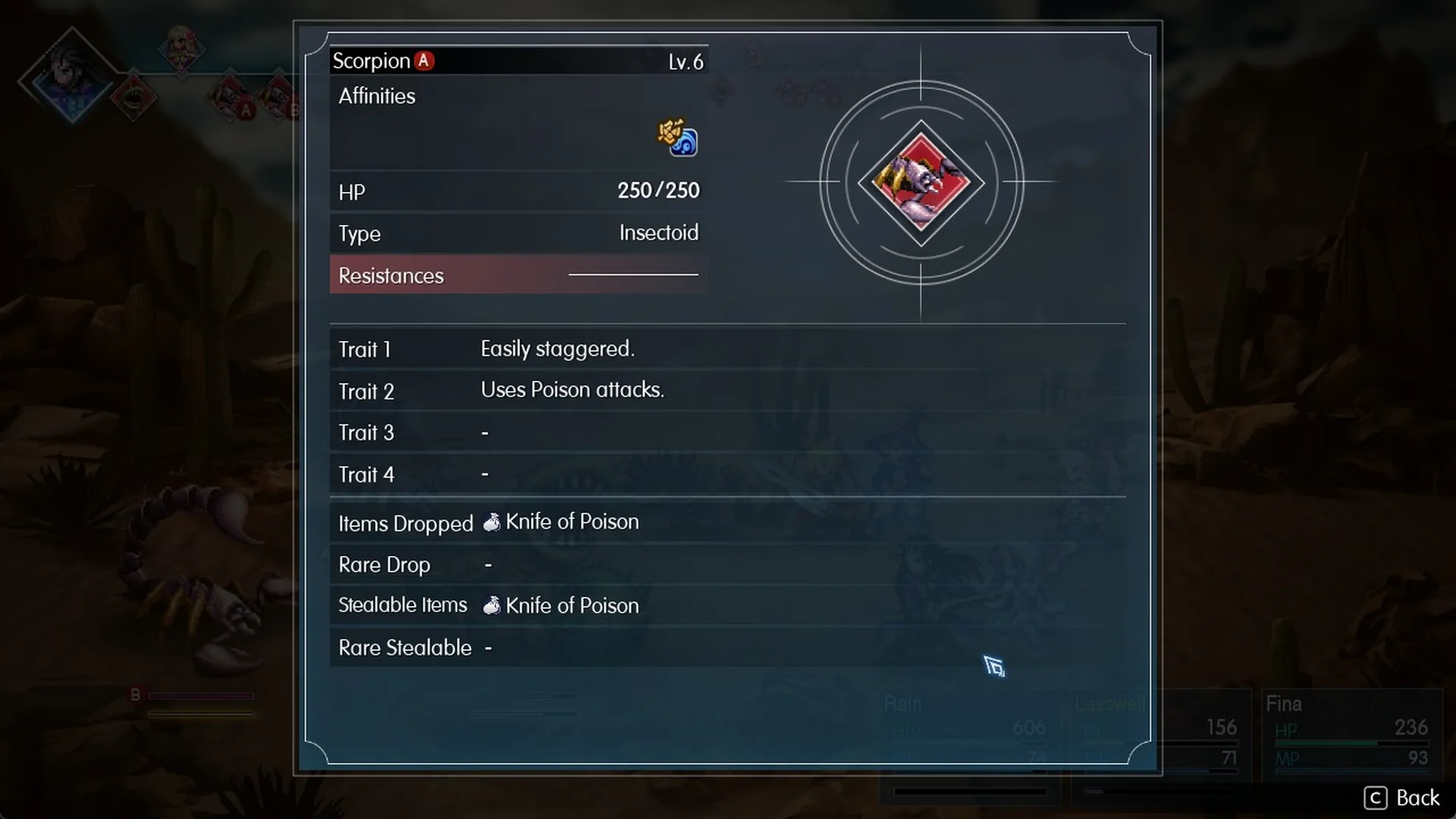 Libra on Scorpion showing Lv.6, 250 HP, Insectoid and Knife of Poison as drop and steal