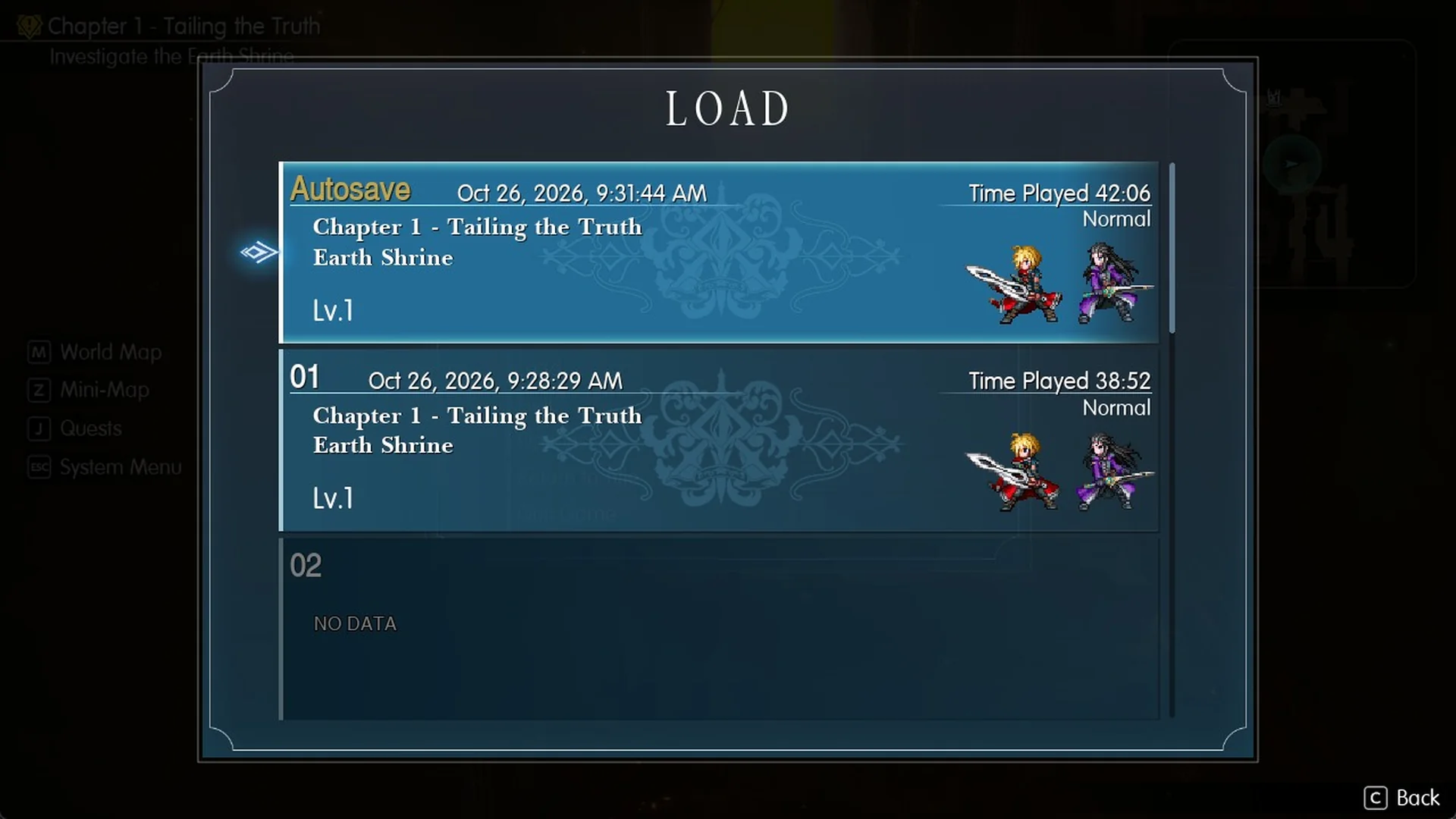 LOAD screen with the Autosave slot listed above save slot 01