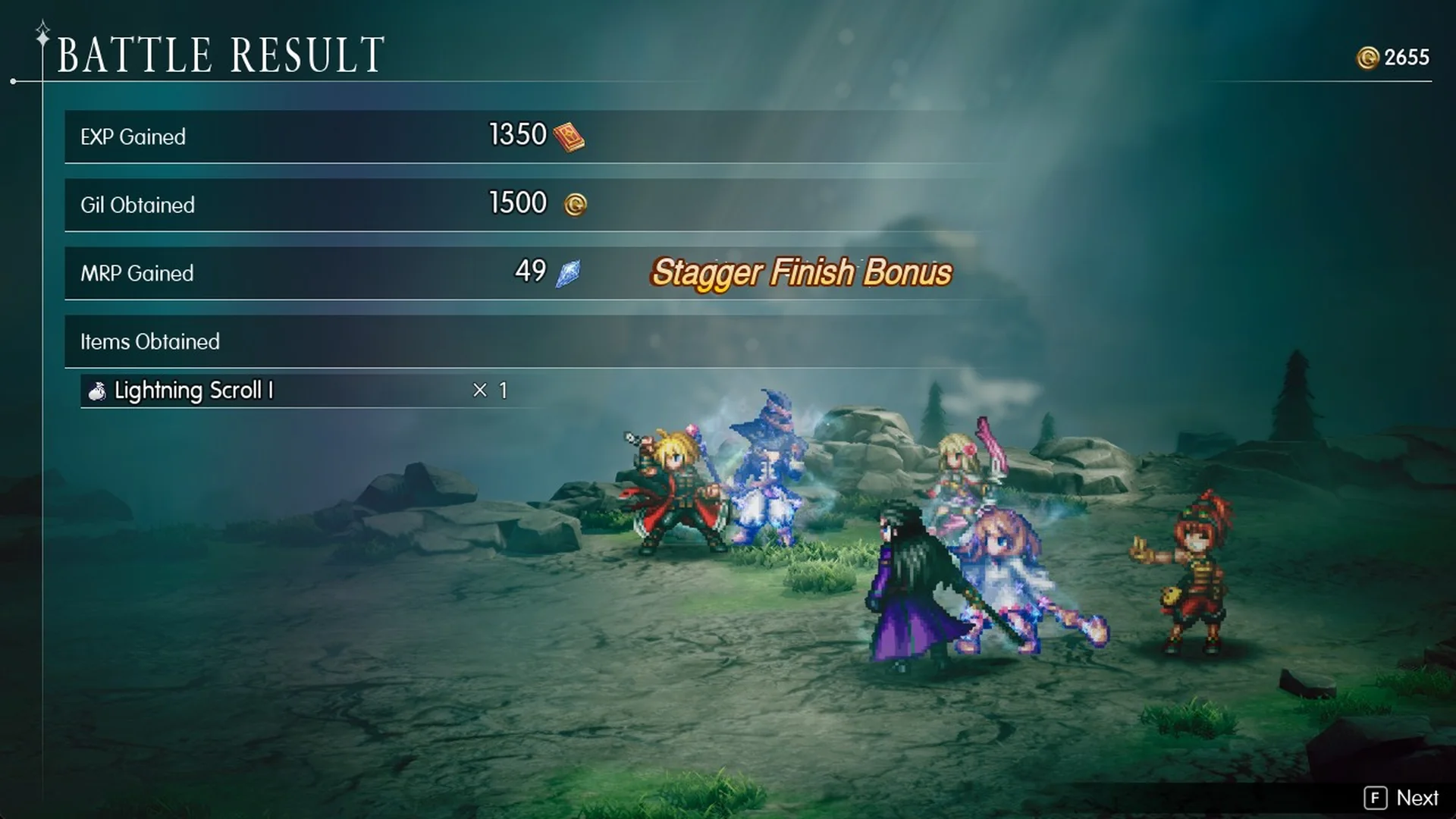 Battle Result: 1,350 EXP, 1,500 Gil, 49 MRP and Lightning Scroll I