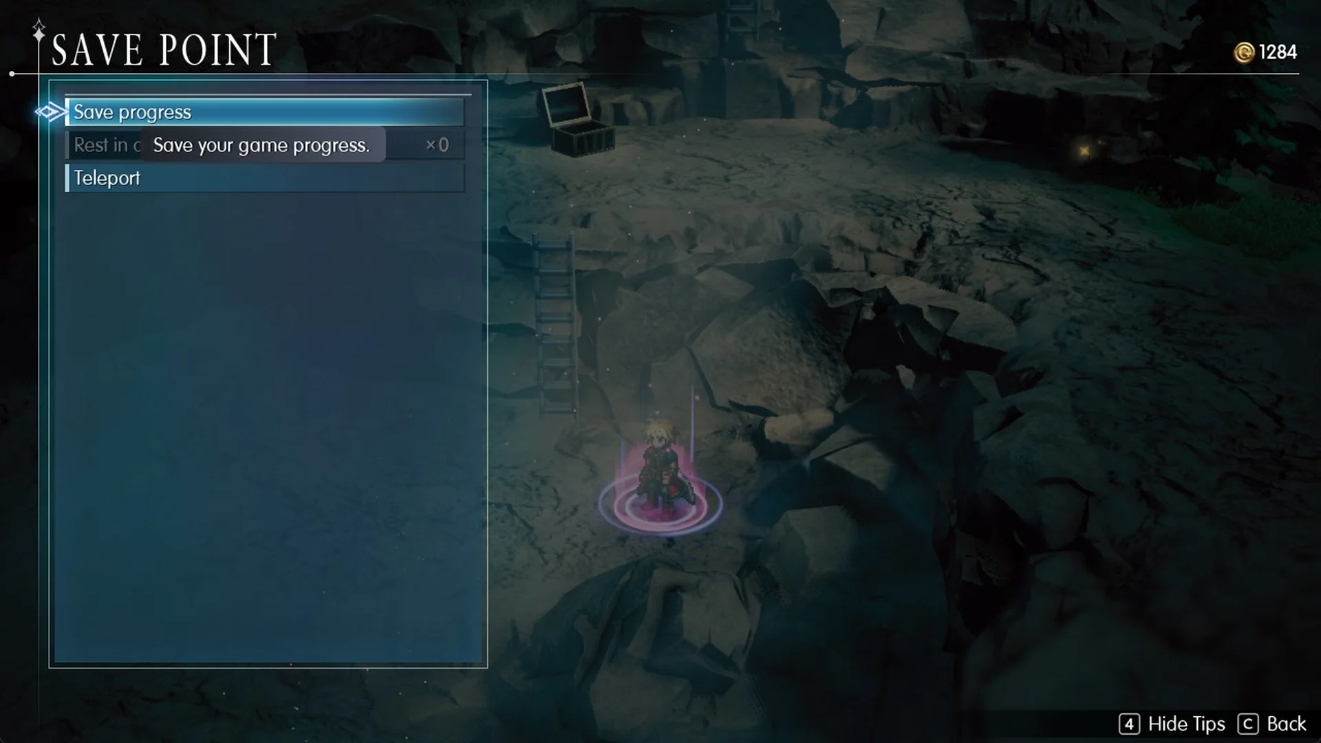 Boss save point menu with Save progress, Rest in a tent and Teleport on Mt. Thunderclap