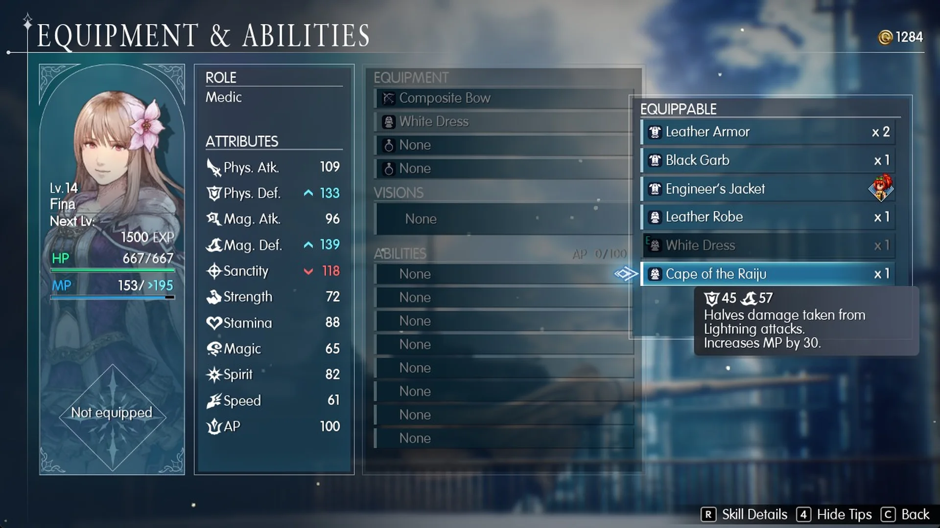 Cape of the Raiju tooltip on Fina: halves damage taken from Lightning attacks, increases MP by 30