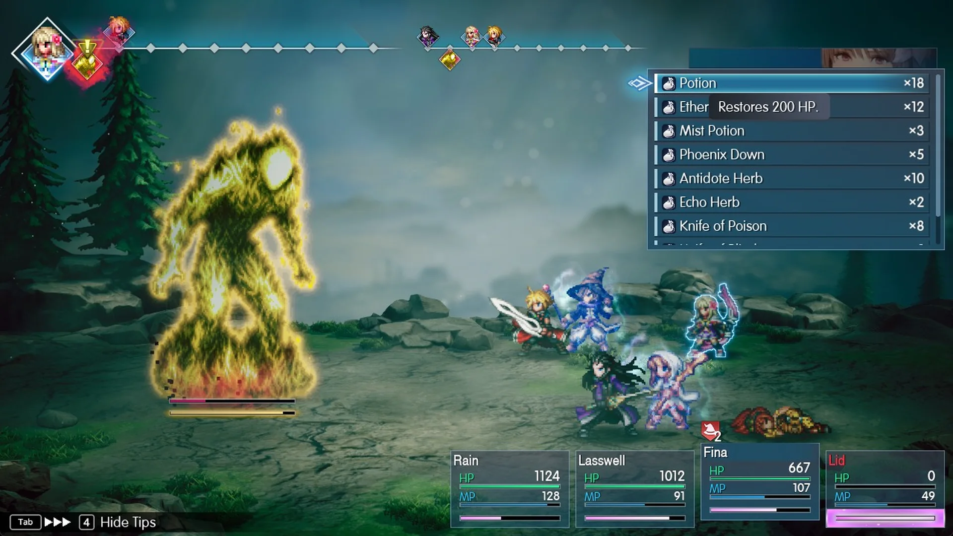Battle Items list with Potion, Ether and Phoenix Down