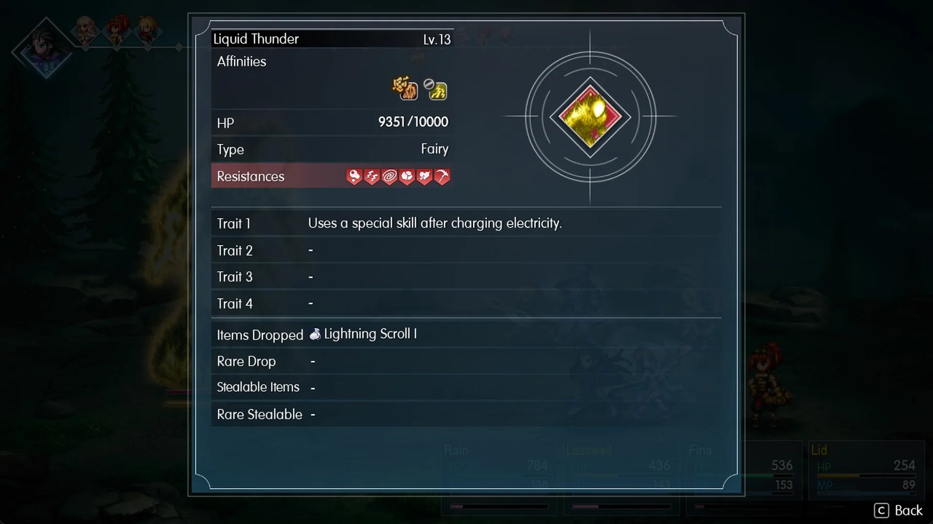 Libra on Liquid Thunder: Lv 13, 10,000 HP, Fairy, drops Lightning Scroll I