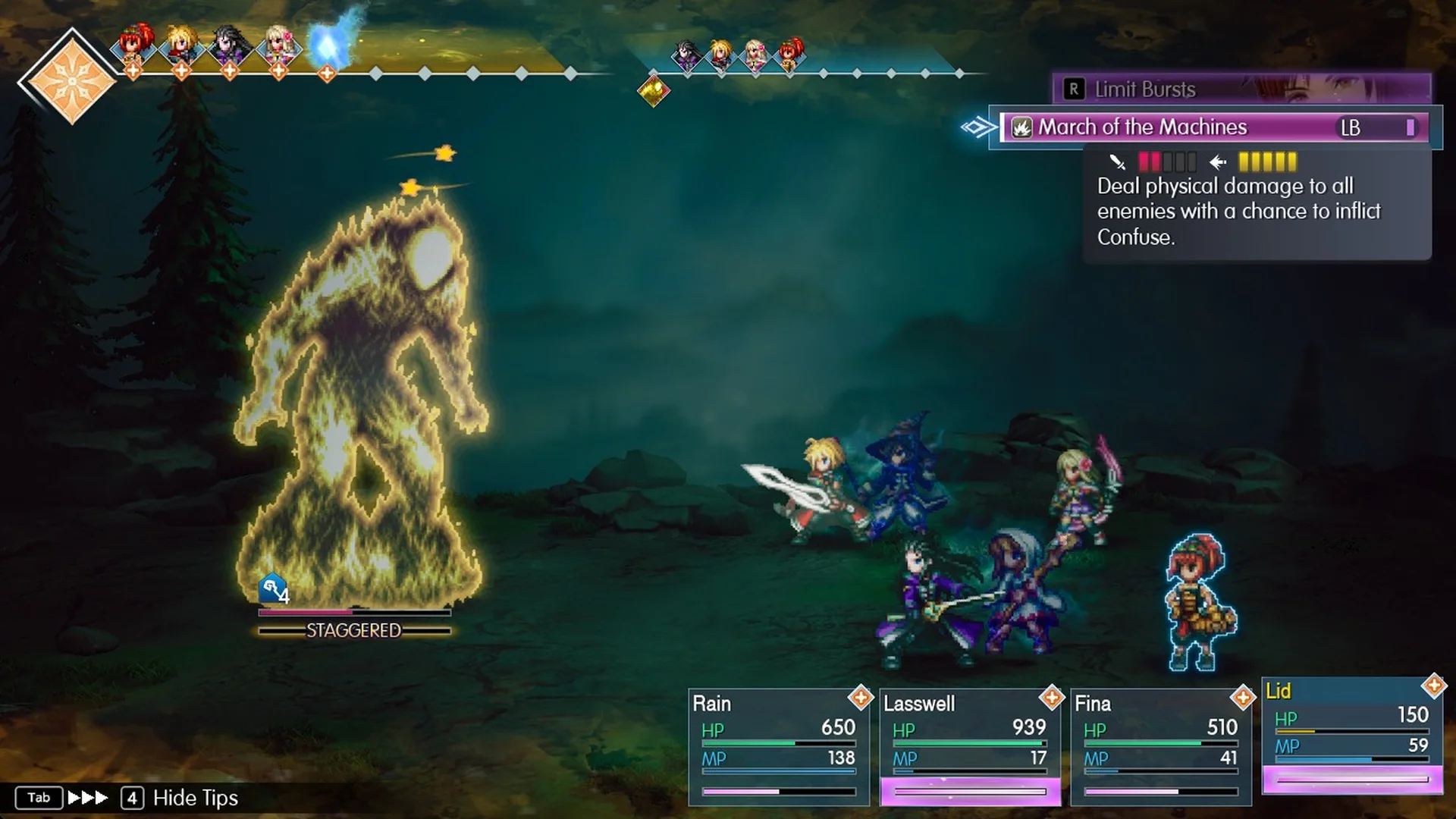 Lid's Limit Burst March of the Machines tooltip in the break turn