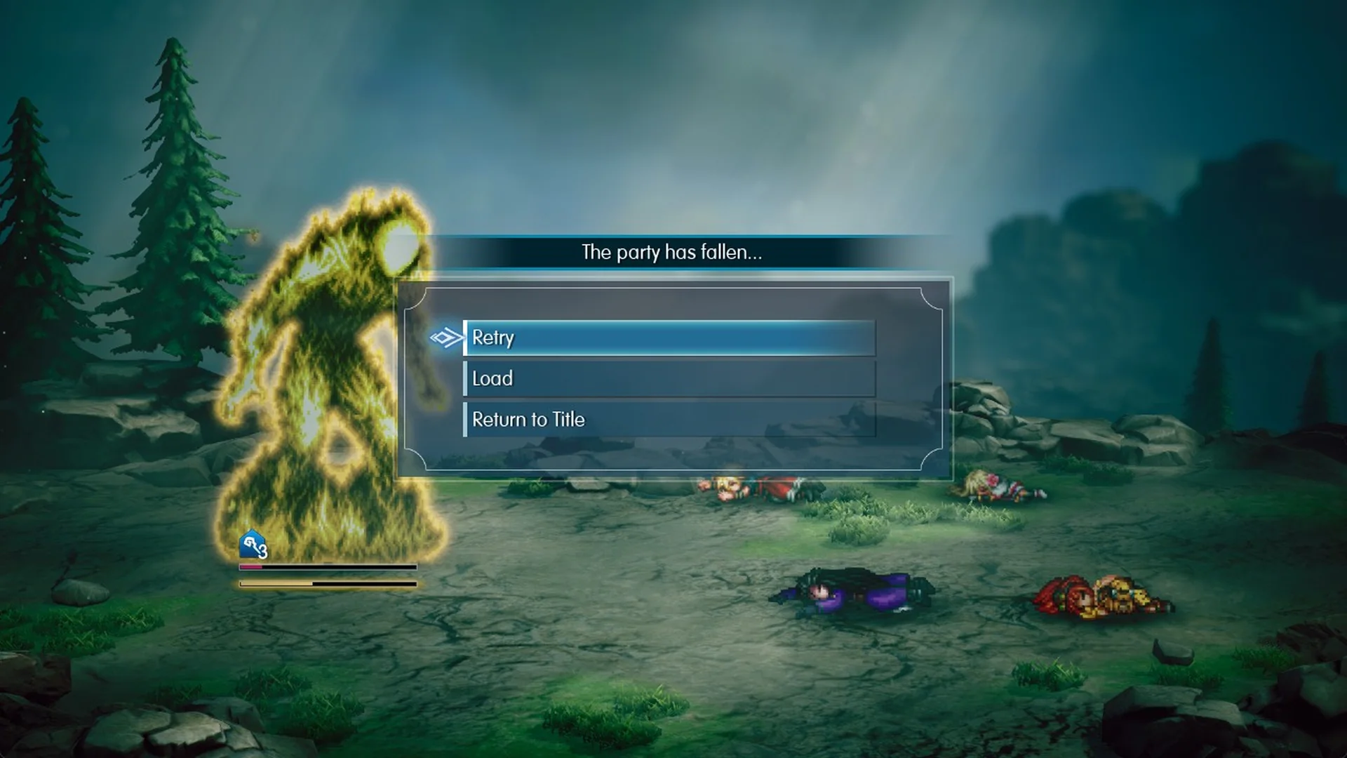 The party has fallen screen with Retry, Load and Return to Title