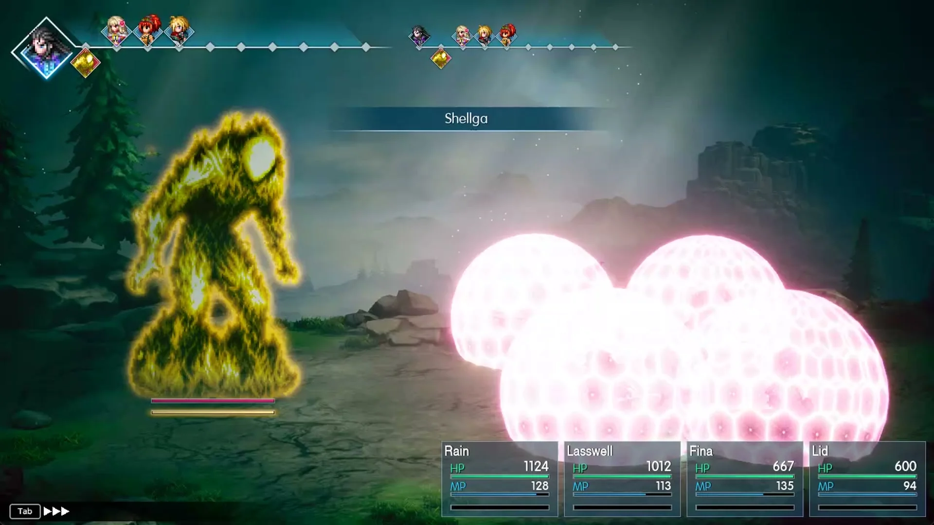Lasswell casting Shellga on the whole party against Liquid Thunder