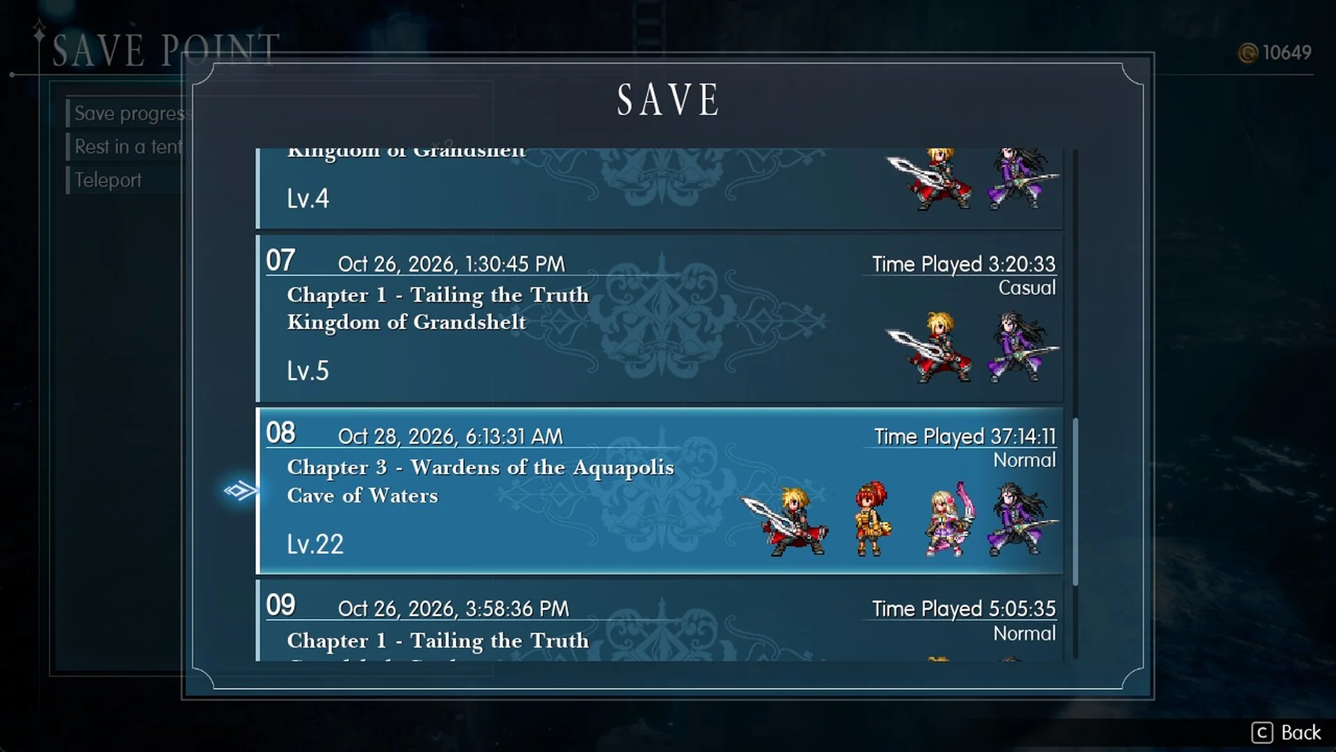 Save slot: Chapter 3, Wardens of the Aquapolis, Cave of Waters, Lv.22, Normal