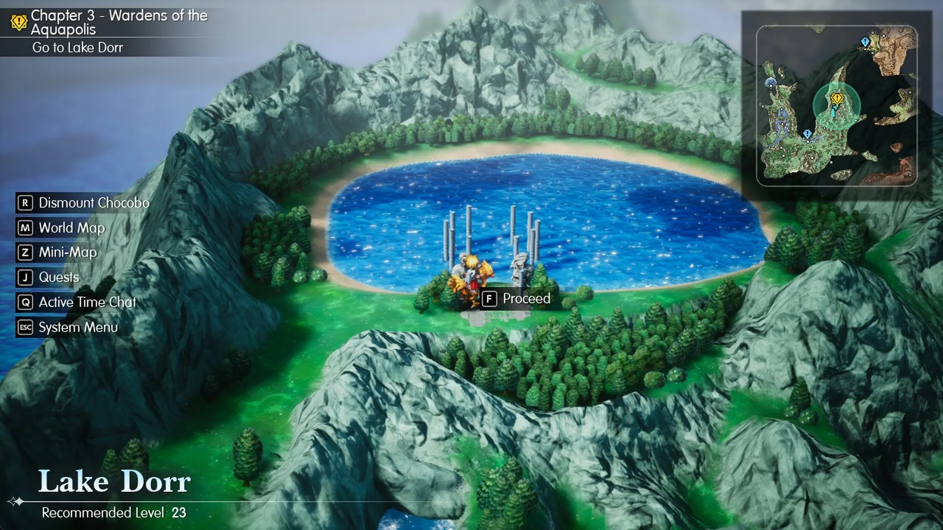 World Map banner: Lake Dorr, Recommended Level 23, F Proceed