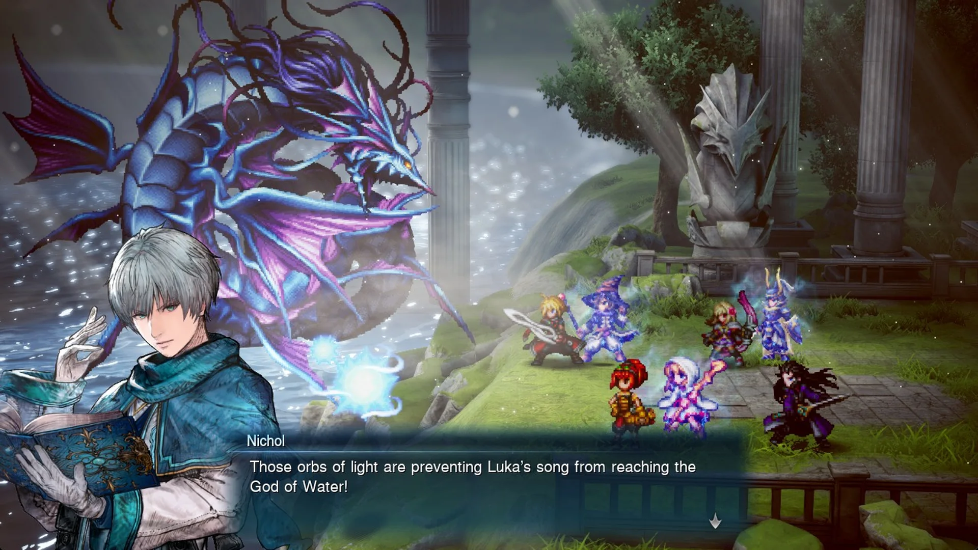 Nichol: Those orbs of light are preventing Luka's song from reaching the God of Water!