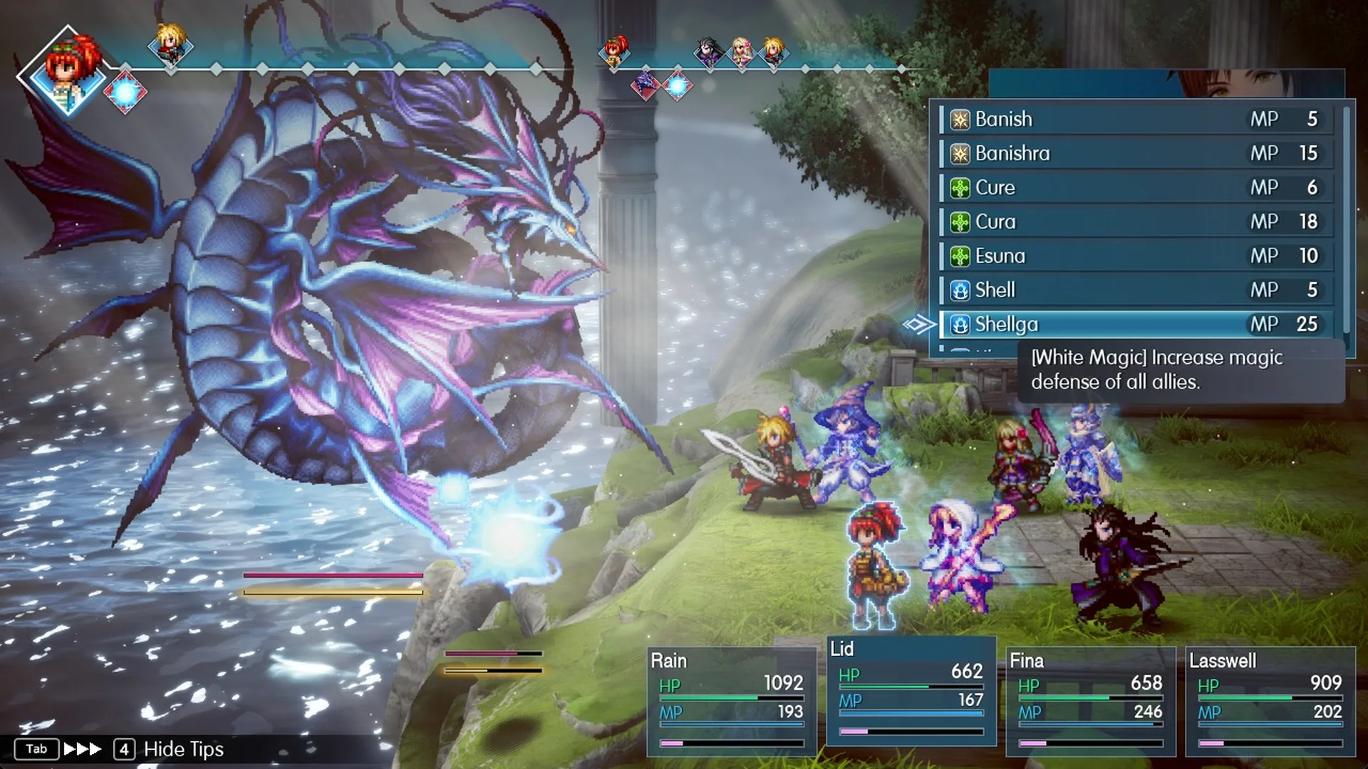 Lid's Leah's Skills with Shellga: Increase magic defense of all allies, 25 MP