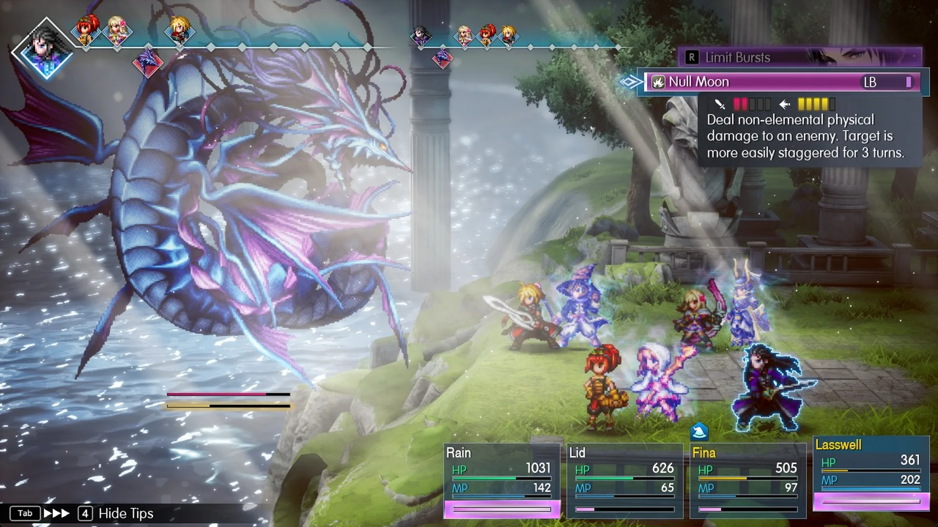 Lasswell's Null Moon Limit Burst: target is more easily staggered for 3 turns