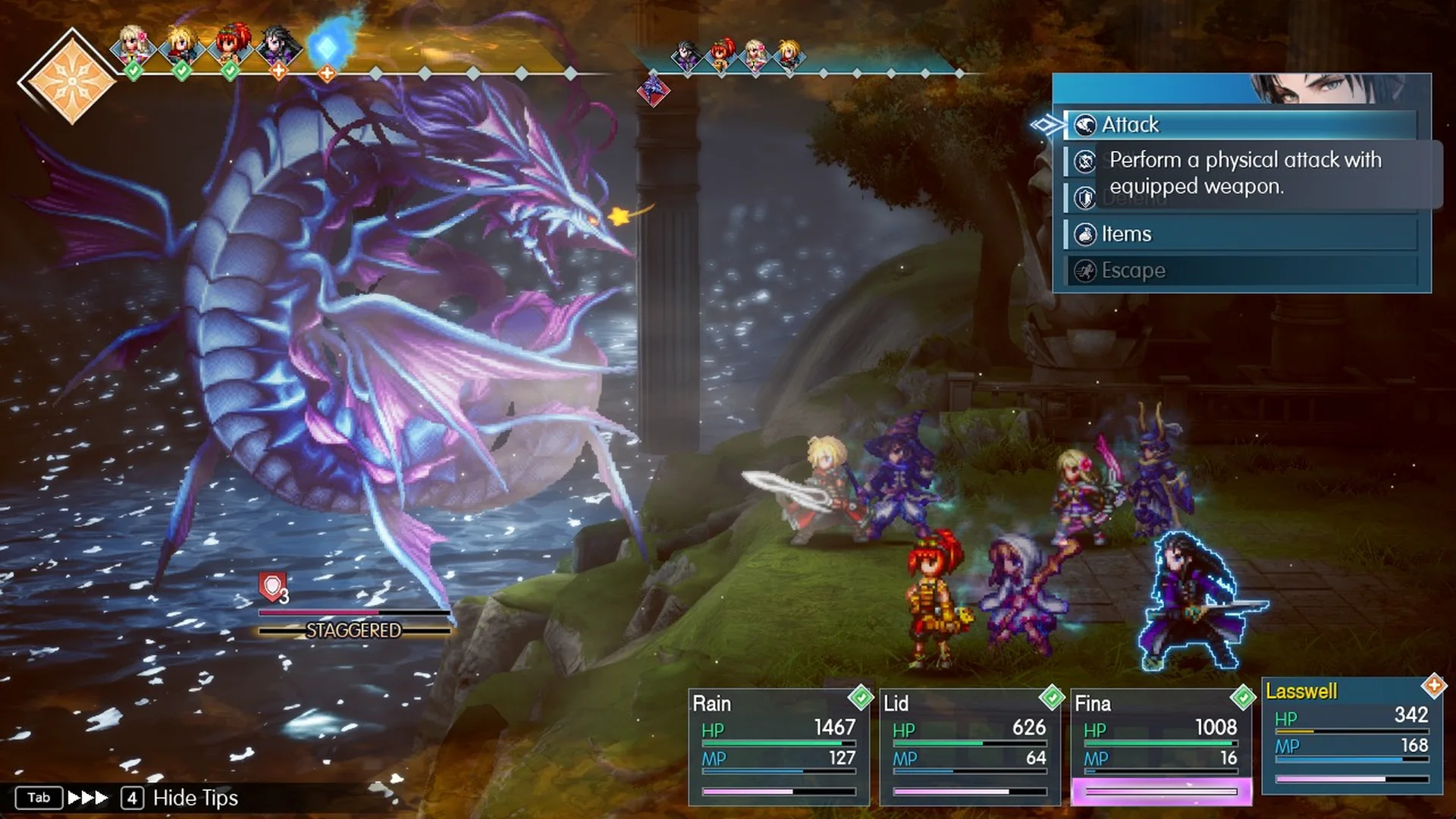 Queued party turns on the turn-order bar during the stagger