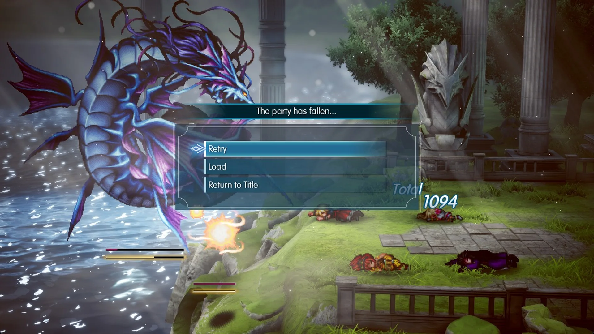 The party has fallen... Retry, Load, Return to Title