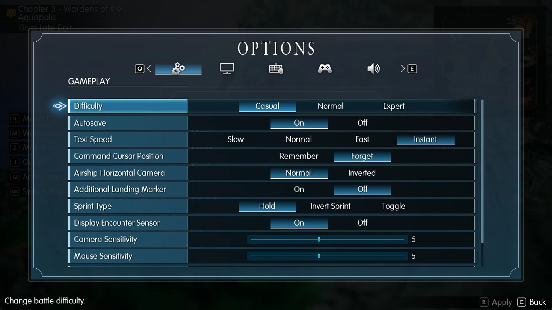 Options Gameplay tab with Difficulty set to Casual