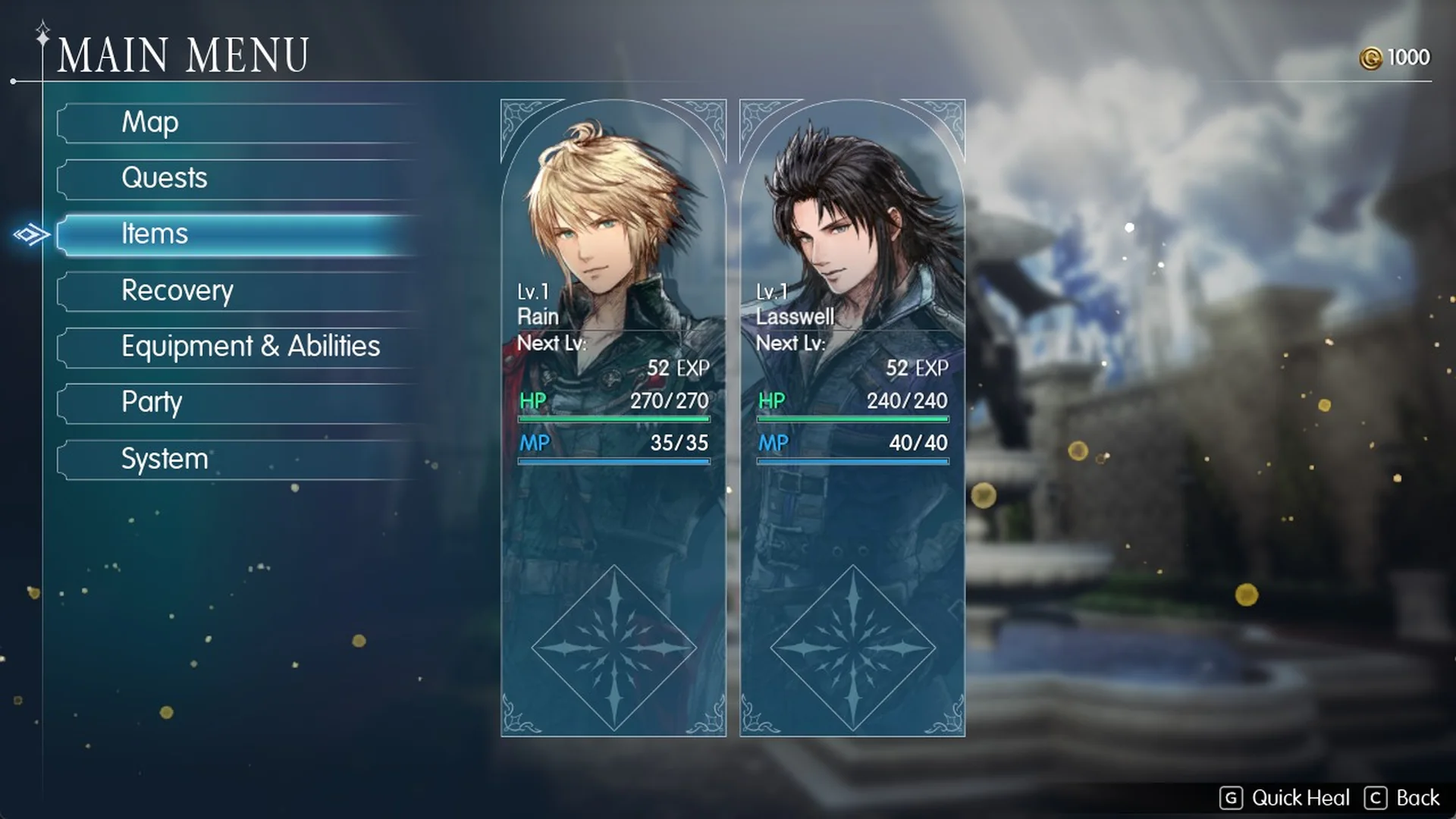 Final Fantasy Resonance Main Menu showing Rain and Lasswell at Lv.1