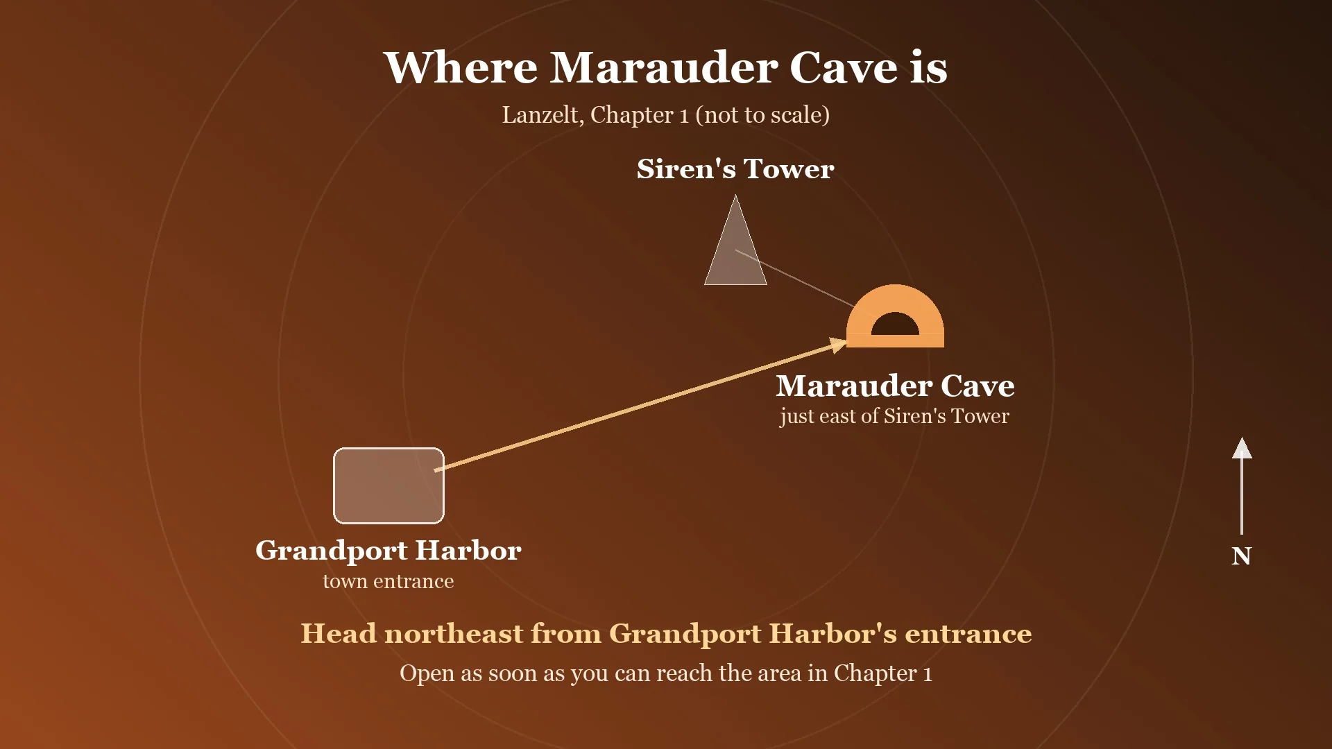 Map card showing Marauder Cave northeast of Grandport Harbor and just east of Siren's Tower in Final Fantasy Resonance