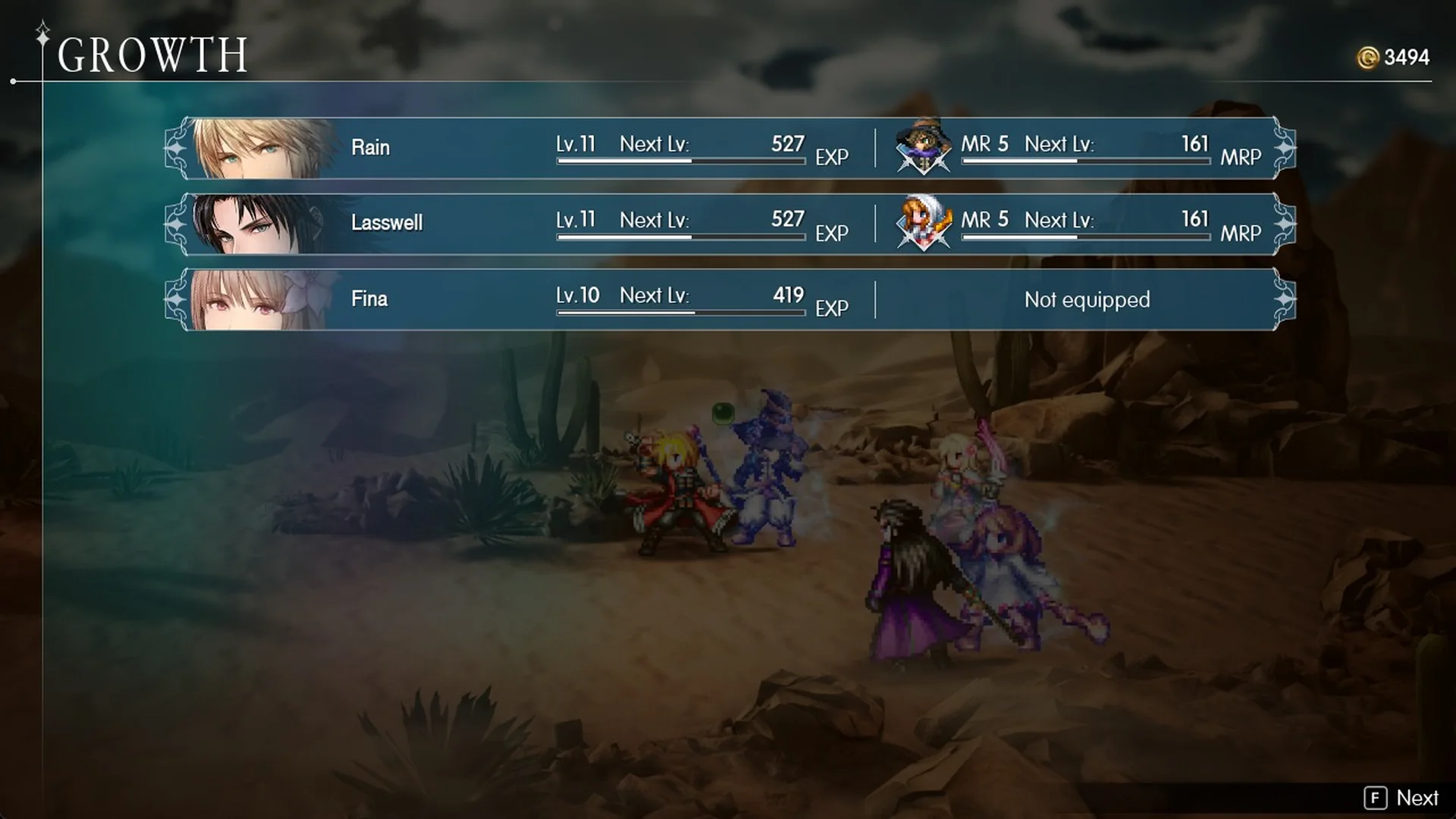Growth screen after a battle with each party member's level and EXP to the next level