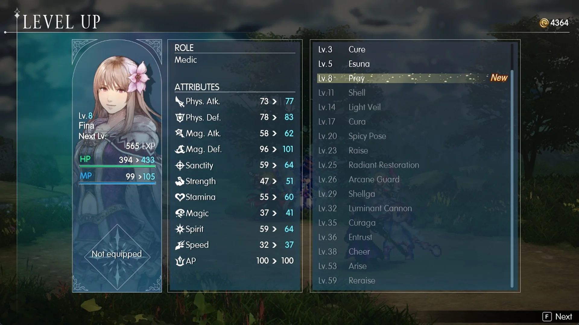 Level Up screen for Fina at Lv 8 with Next Lv EXP and attribute gains