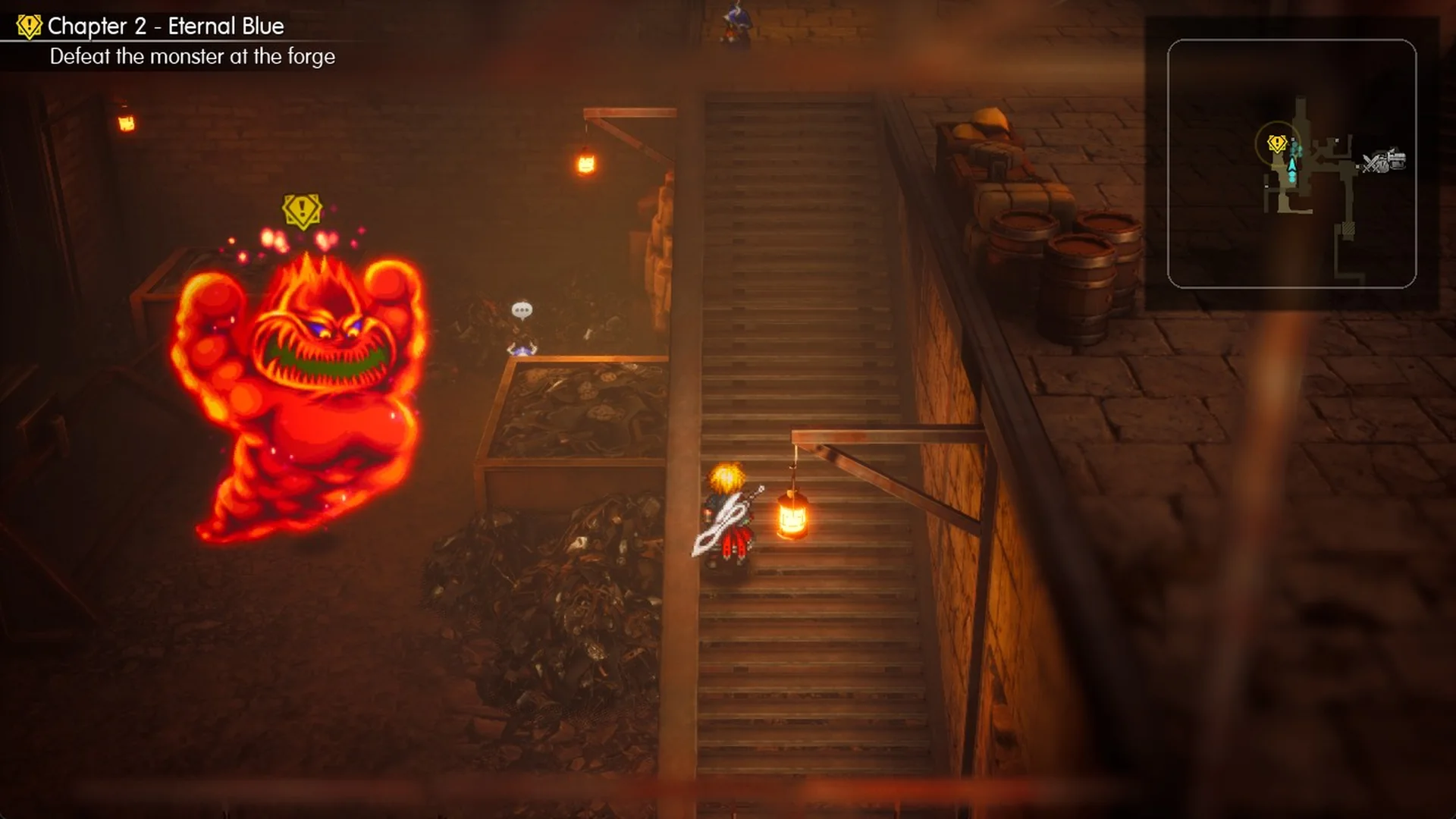 Mom Bomb floating in the bin-lined pocket at the bottom of the Dwarven Forge staircase