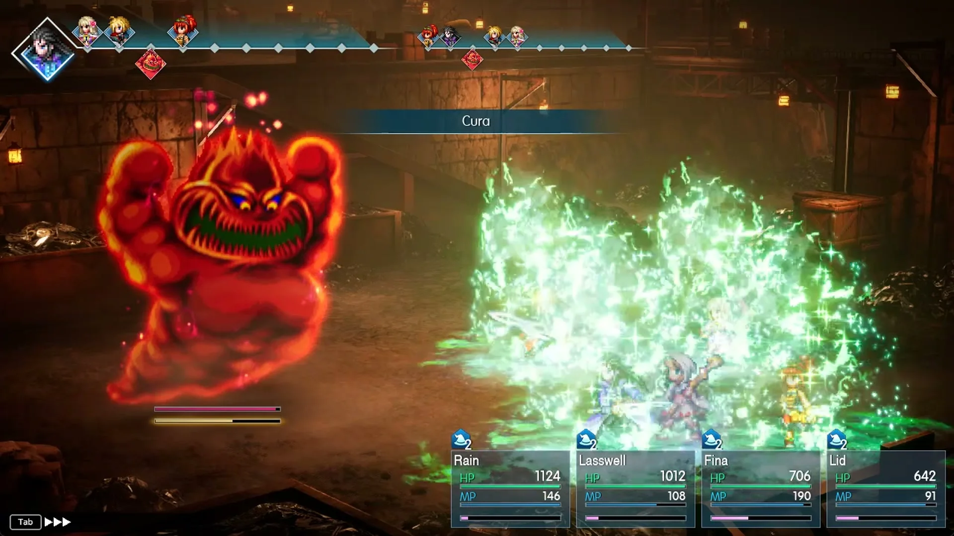 Lasswell's Cura healing all four party members during the Mom Bomb fight