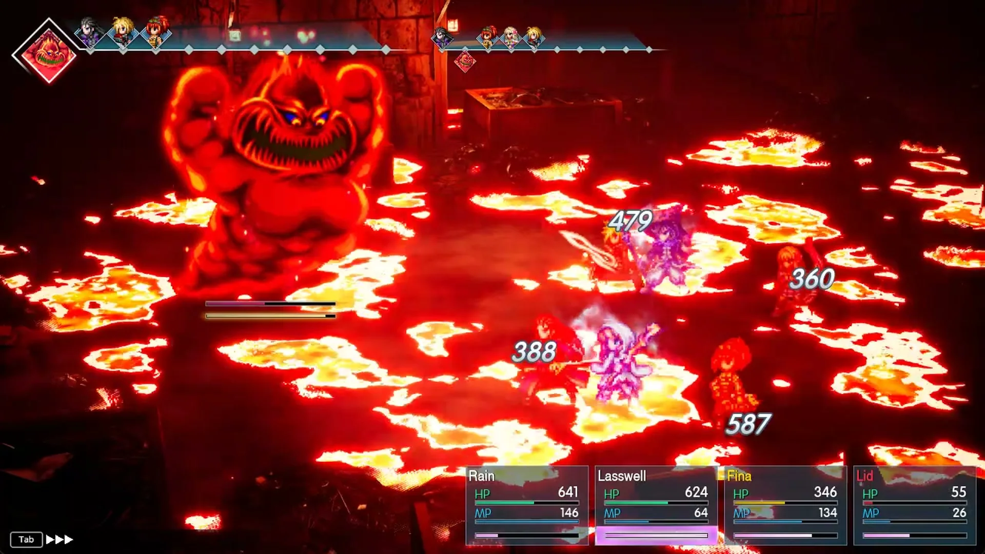 Mom Bomb's Explode hitting the whole party for 360 to 587 damage