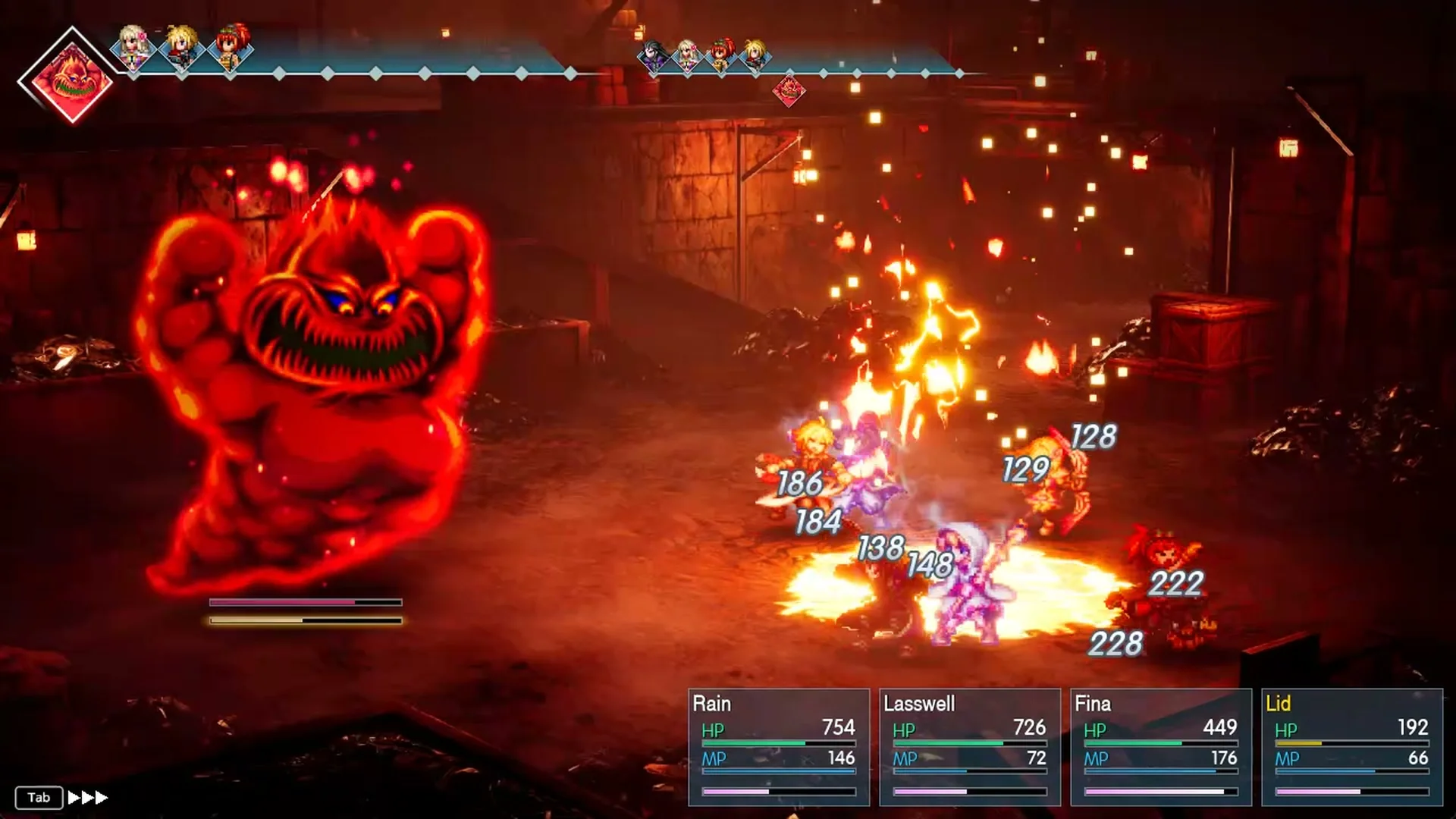 Fira damage numbers on all four party members from Mom Bomb
