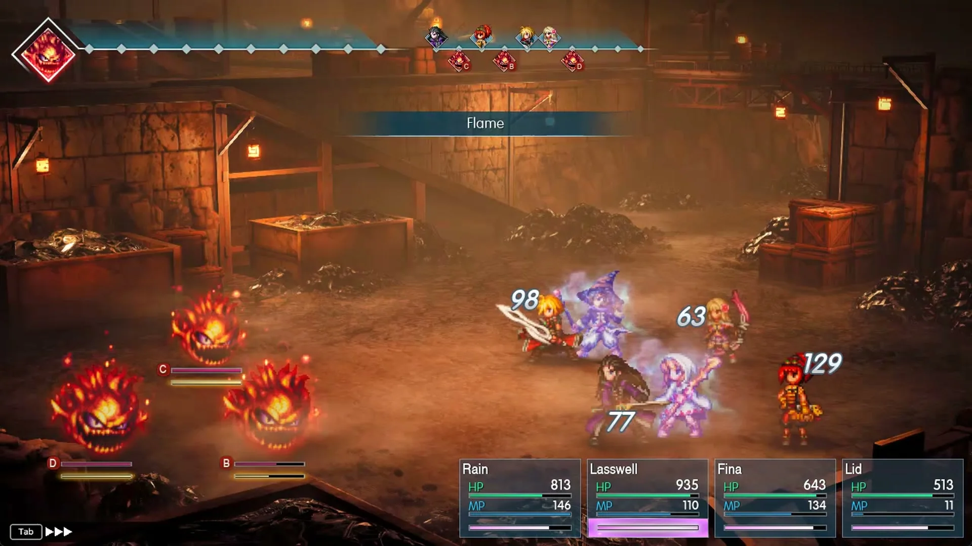 A Great Bomb's Flame hitting the whole party for small damage