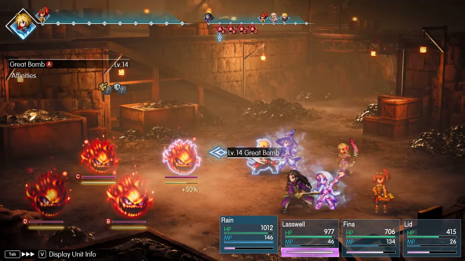 Target label showing Great Bomb A at Lv 14