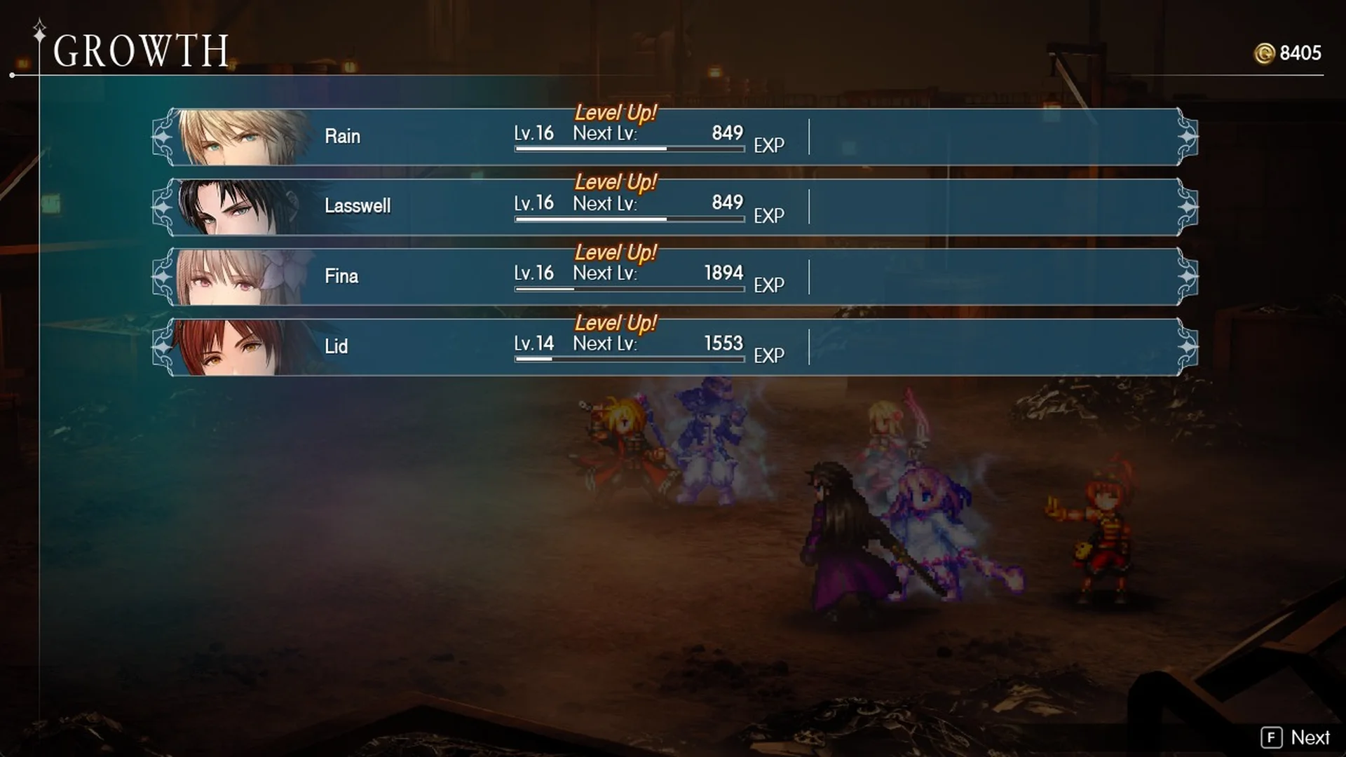 Growth screen with Rain, Lasswell and Fina at Lv 16 and Lid at Lv 14
