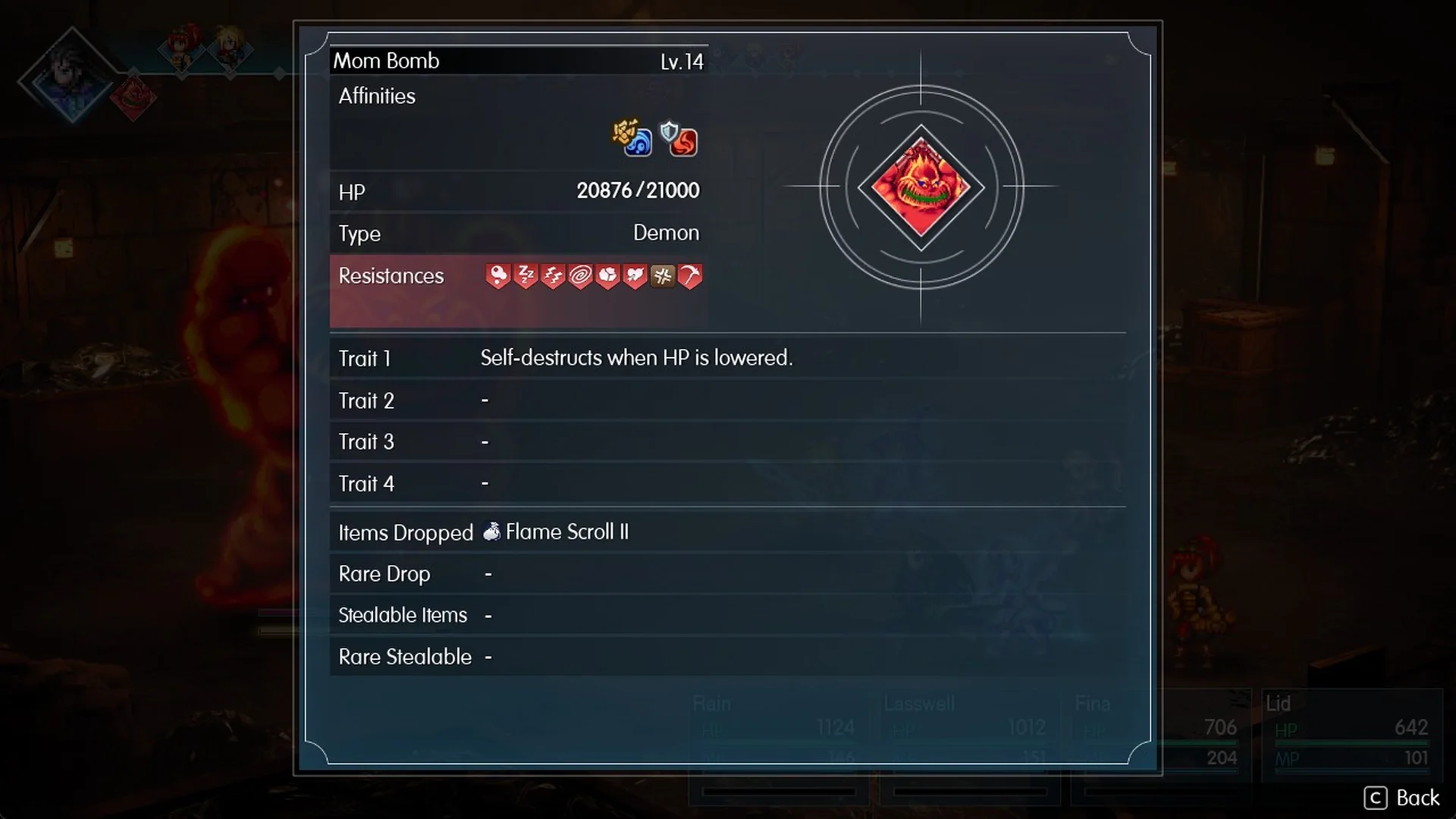 Libra on Mom Bomb: Lv 14, 21,000 HP, Demon, Self-destructs when HP is lowered, drops Flame Scroll II