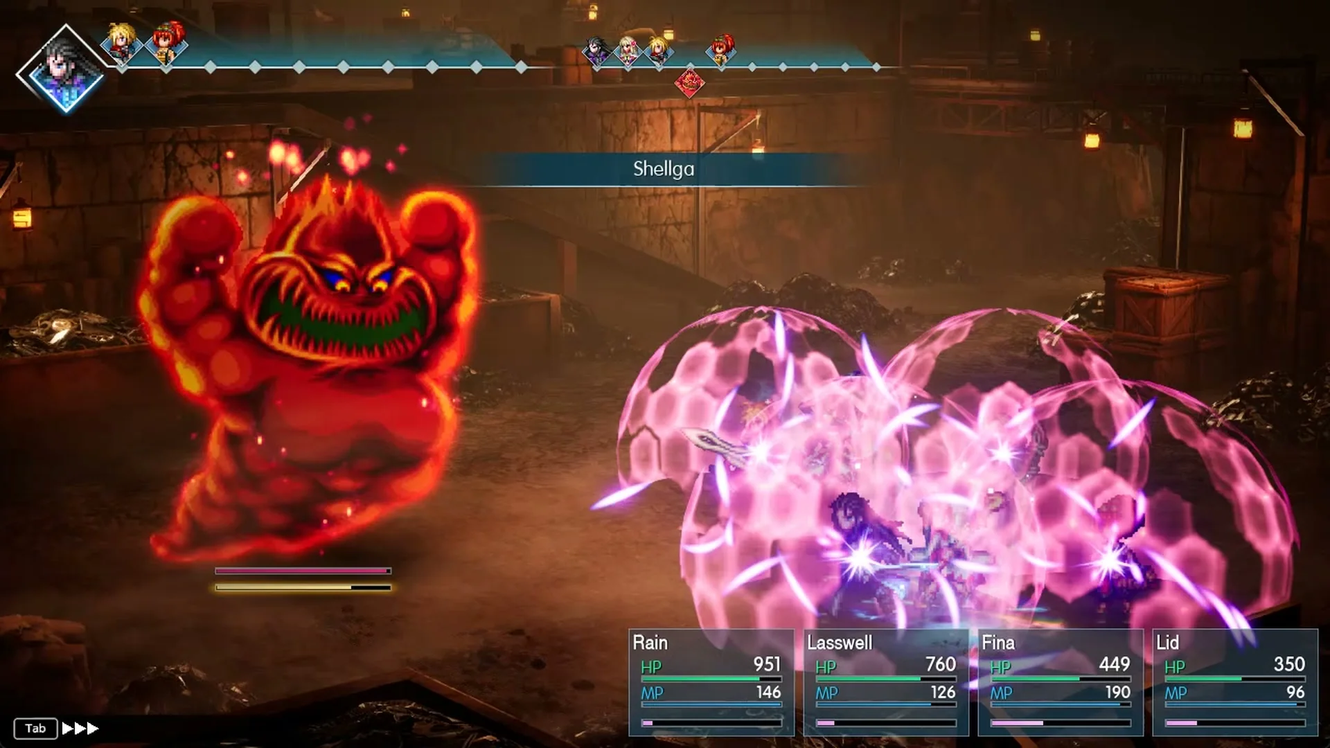 Lasswell casting Shellga on the whole party against Mom Bomb