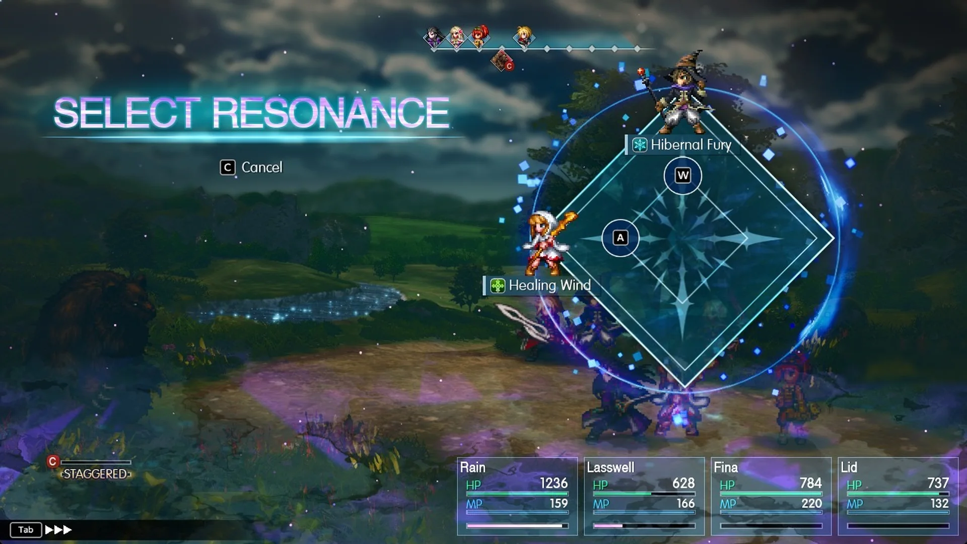 SELECT RESONANCE with Hibernal Fury and Healing Wind against a staggered Ipooh
