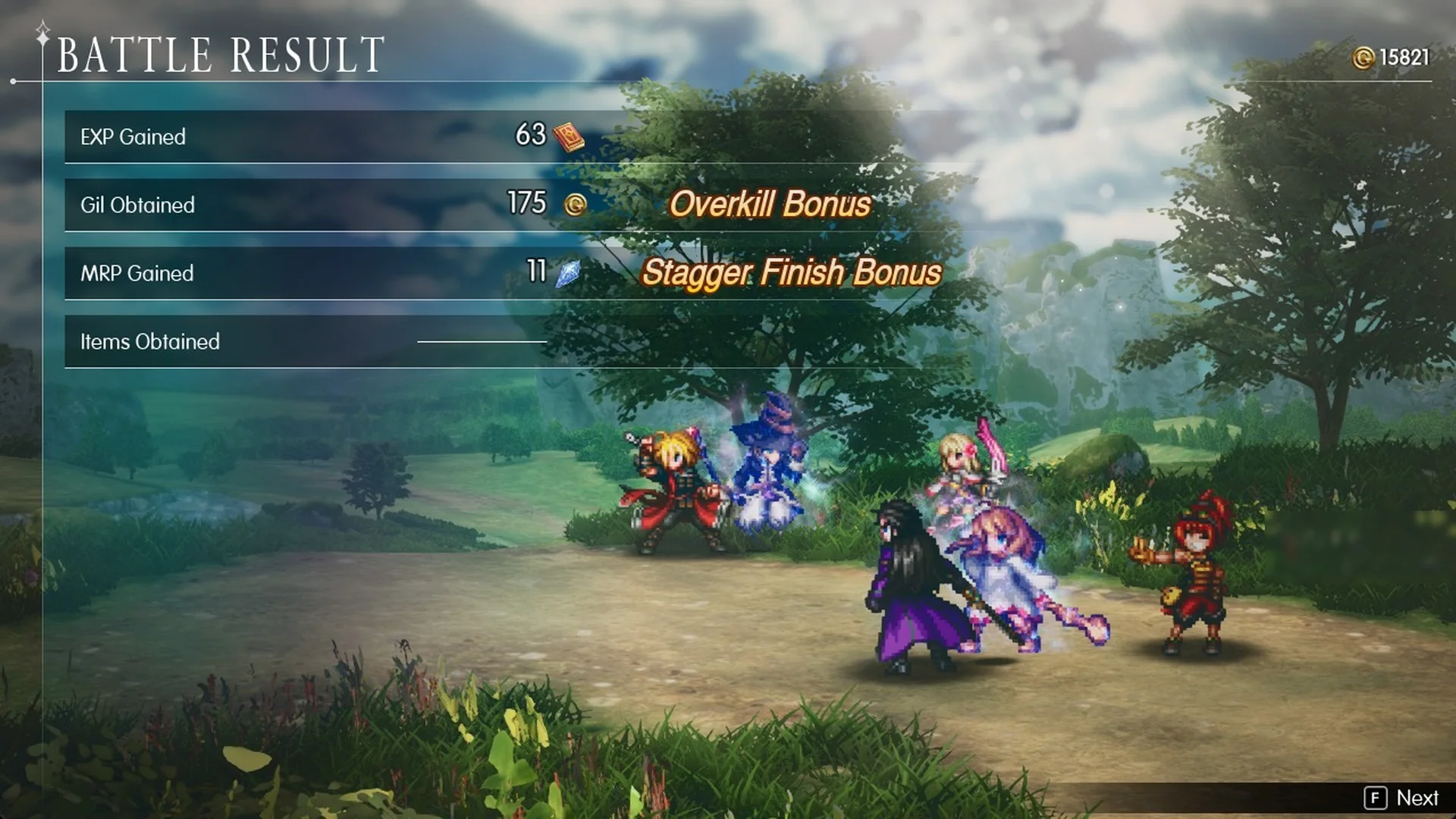 Battle Result after three Ipoohs: 63 EXP, 175 Gil, 11 MRP with Overkill and Stagger Finish Bonuses