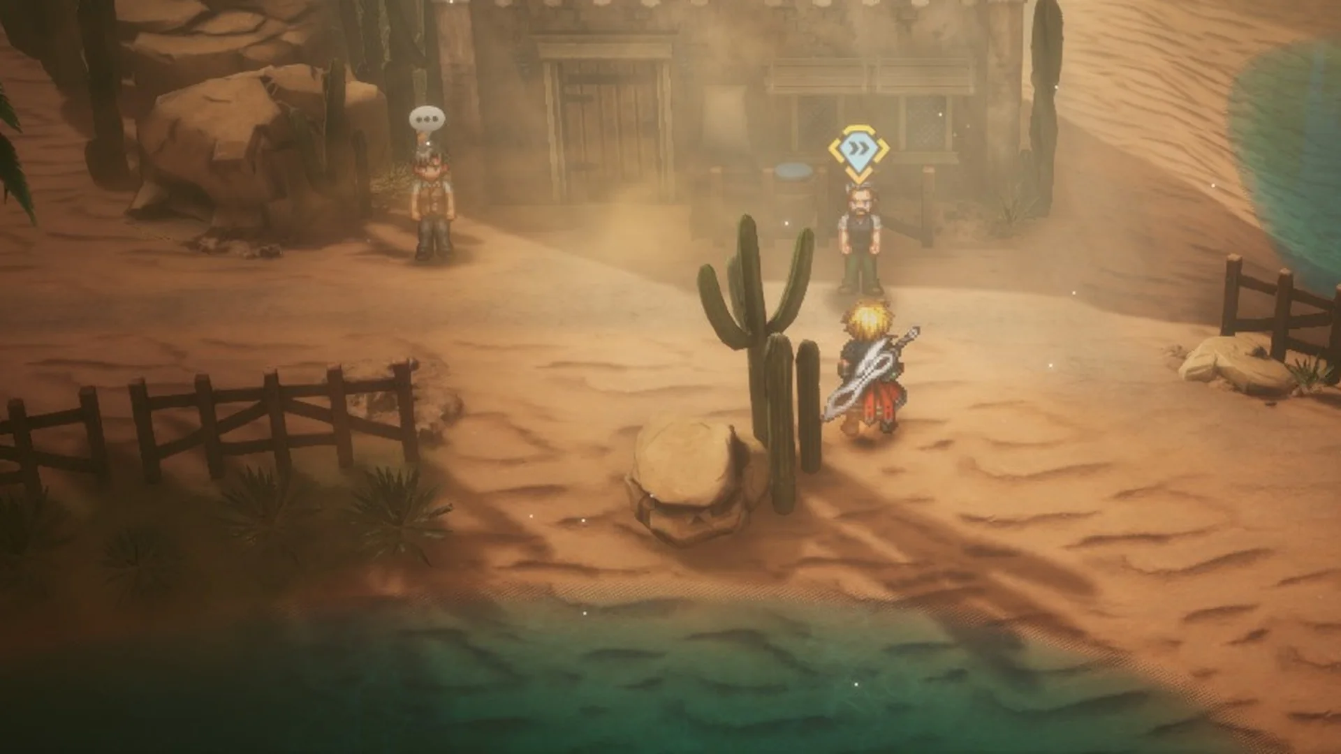 Rain standing by a cactus in the Village of Kol with Scott nearby