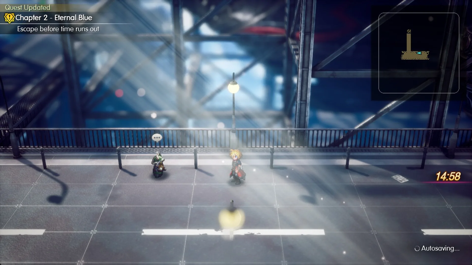 The roof with the Escape before time runs out objective, the countdown at 14:58 and Autosaving
