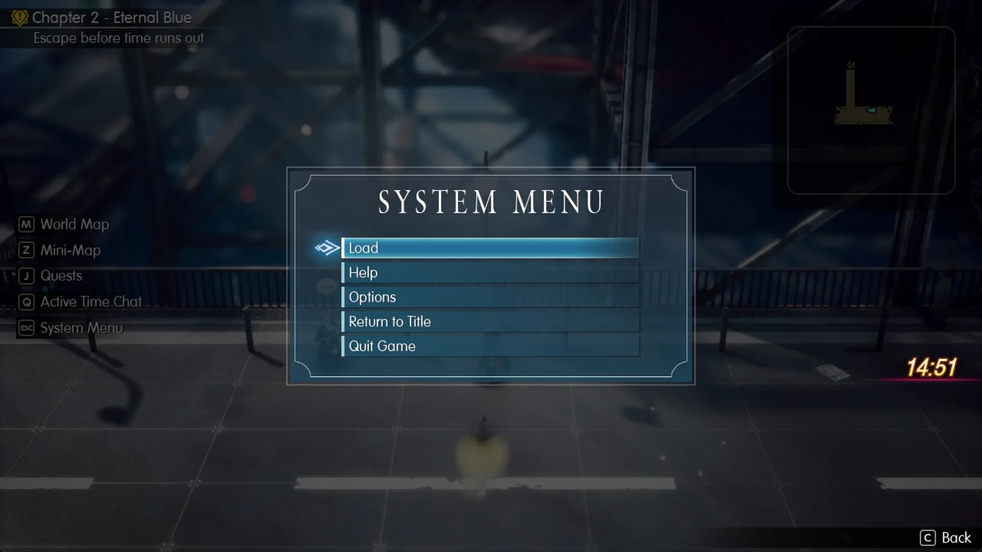 The System Menu open over the roof with the countdown frozen at 14:51