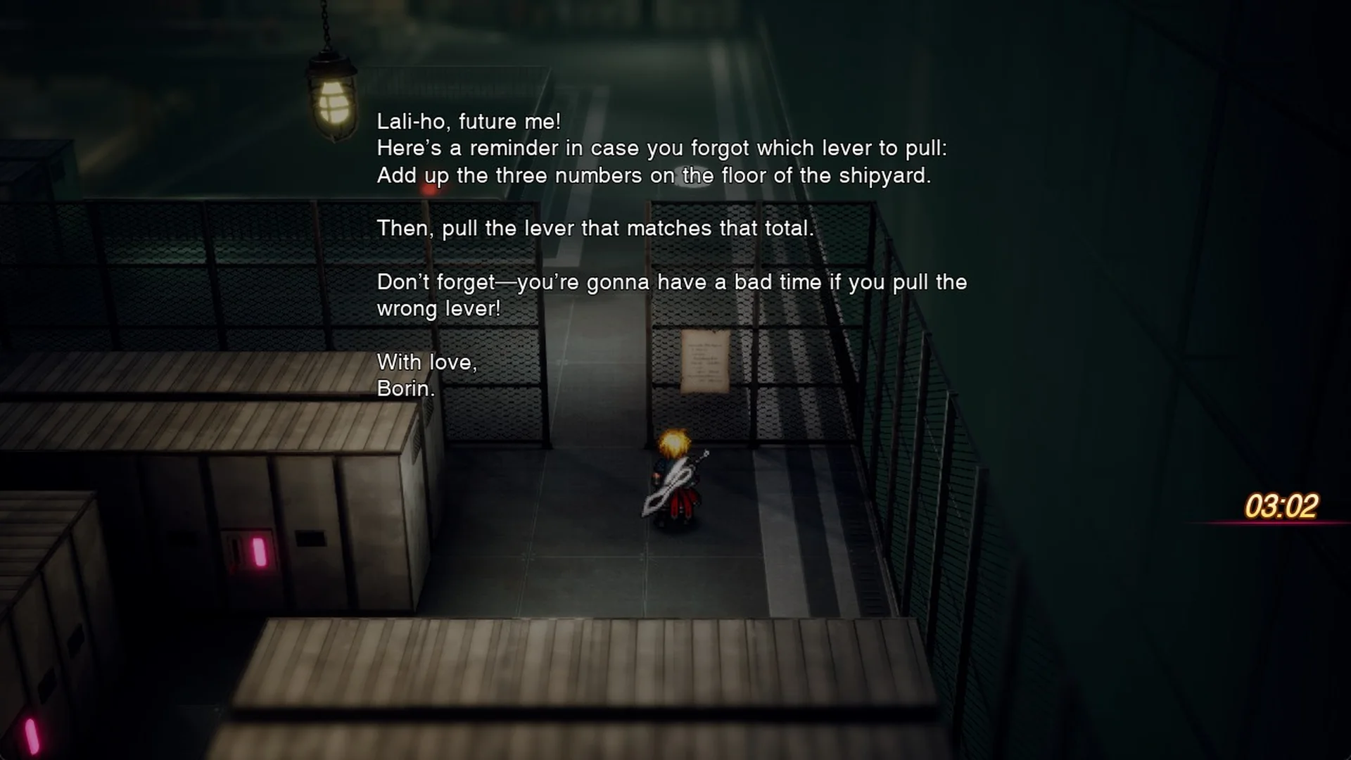Borin's memo: add up the three numbers on the floor of the shipyard, then pull the lever that matches that total