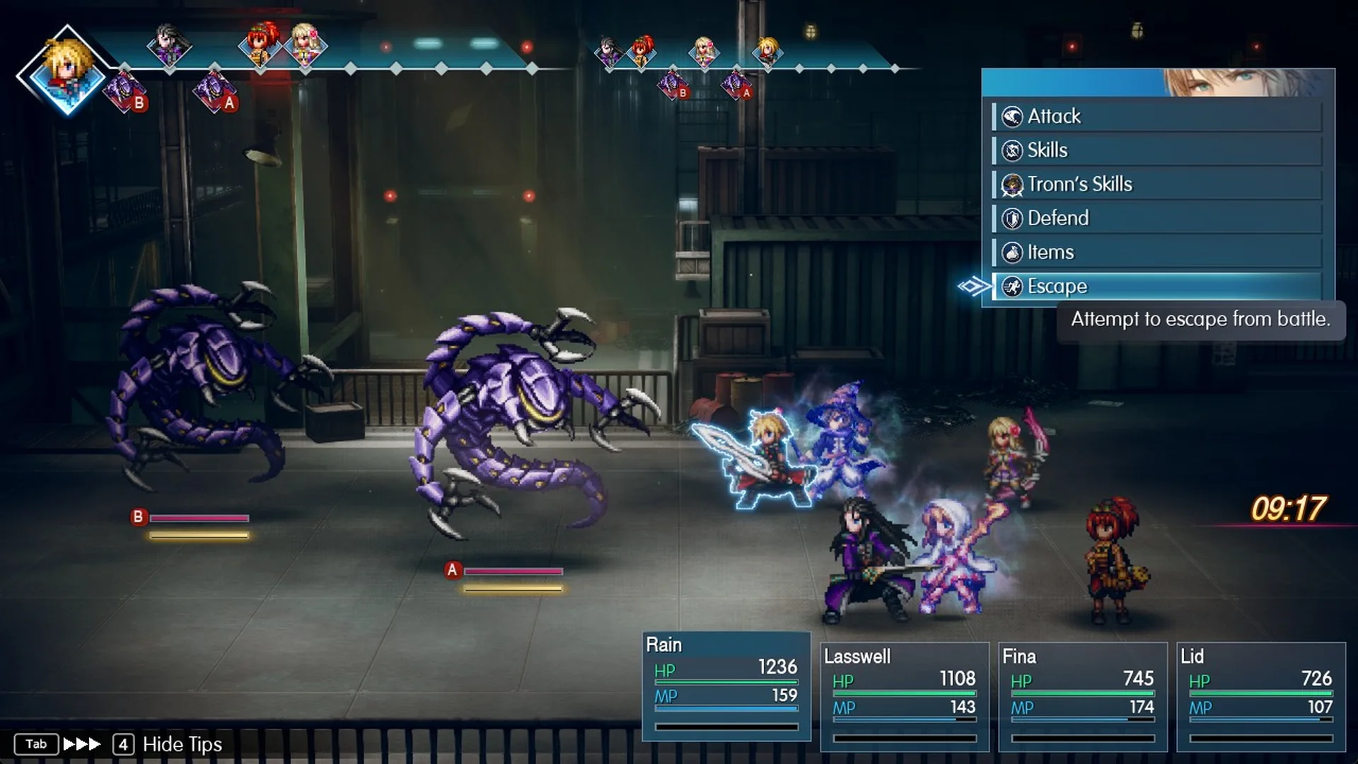 Battle command menu with Escape highlighted: Attempt to escape from battle.